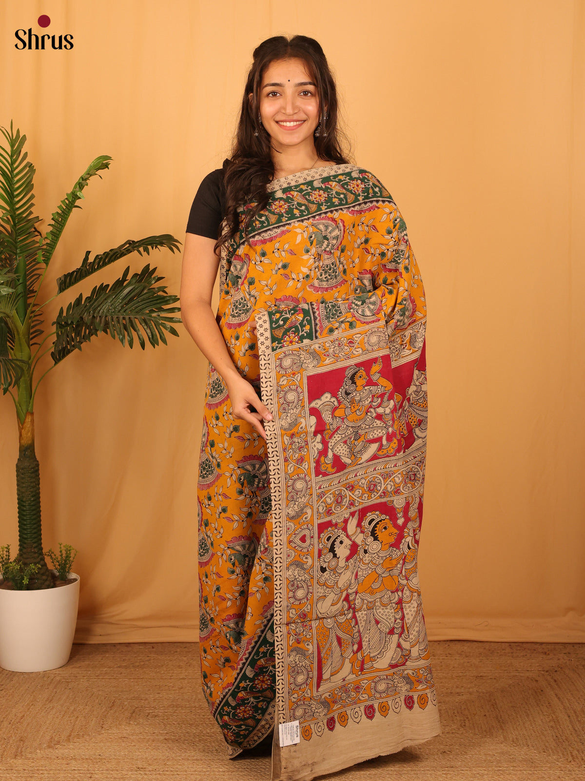Orange & Green - kalamkari-cotton Saree - Shop on Shrus.com
