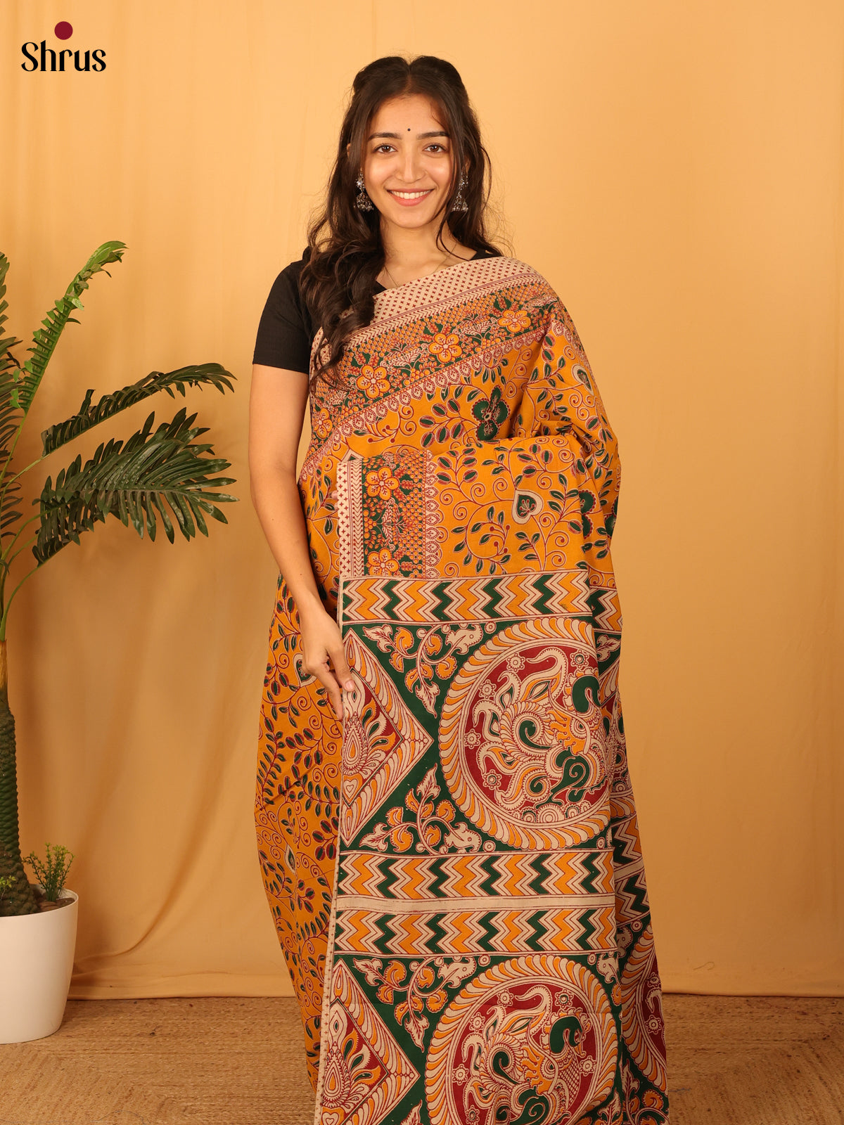 Orange & Beige - kalamkari-cotton Saree - Shop on Shrus.com