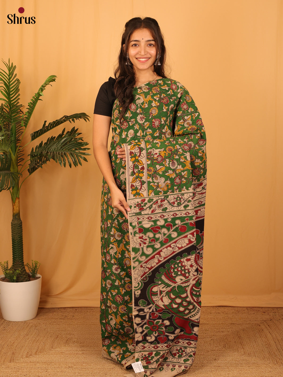 Green & Beige - kalamkari-cotton Saree - Shop on Shrus.com