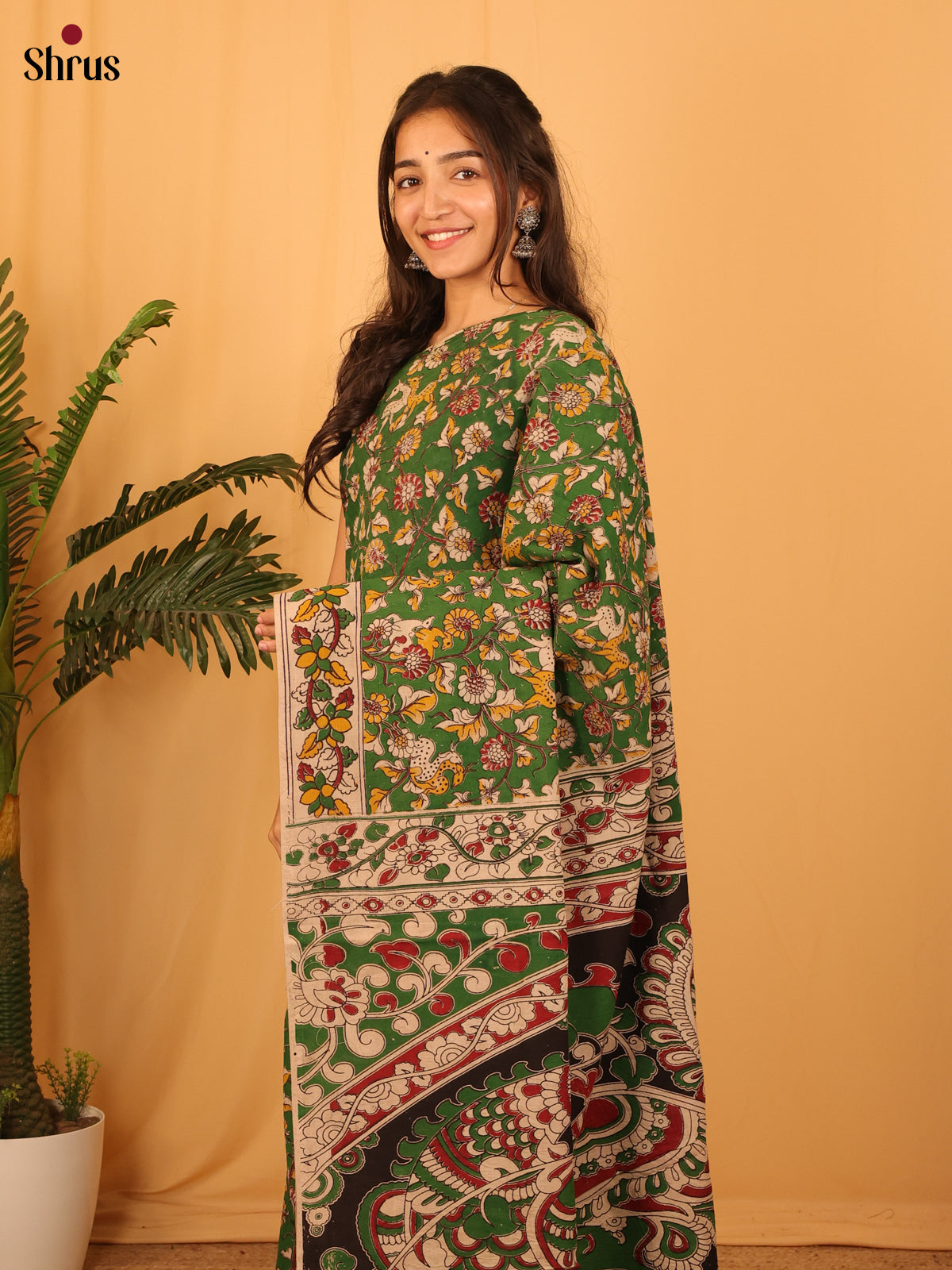 Green & Beige - kalamkari-cotton Saree - Shop on Shrus.com