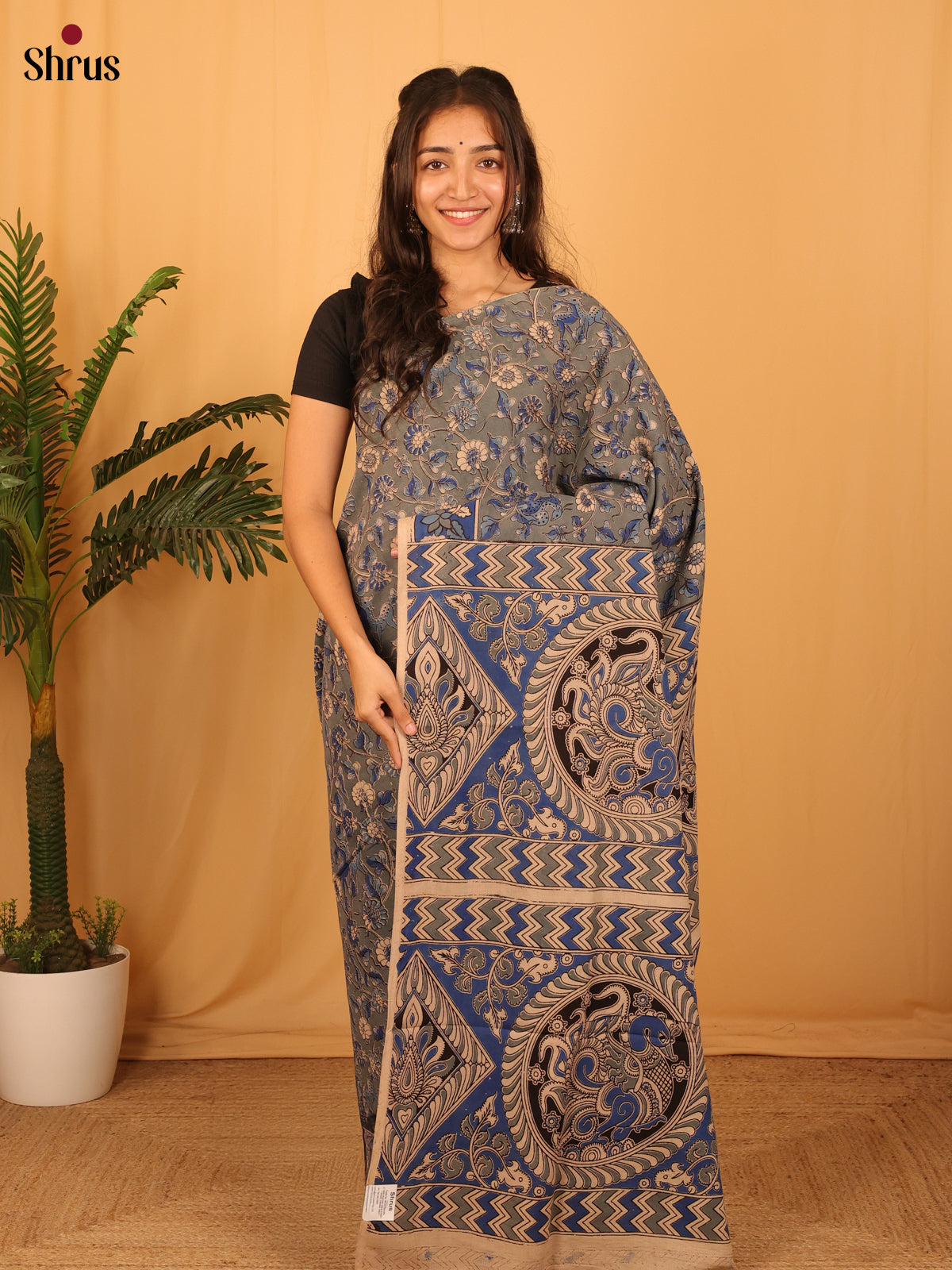 Blue & Beige - kalamkari-cotton Saree - Shop on Shrus.com