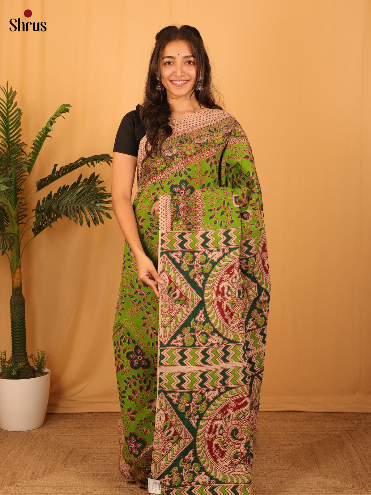 Green & Beige- kalamkari-cotton Saree - Shop on Shrus.com