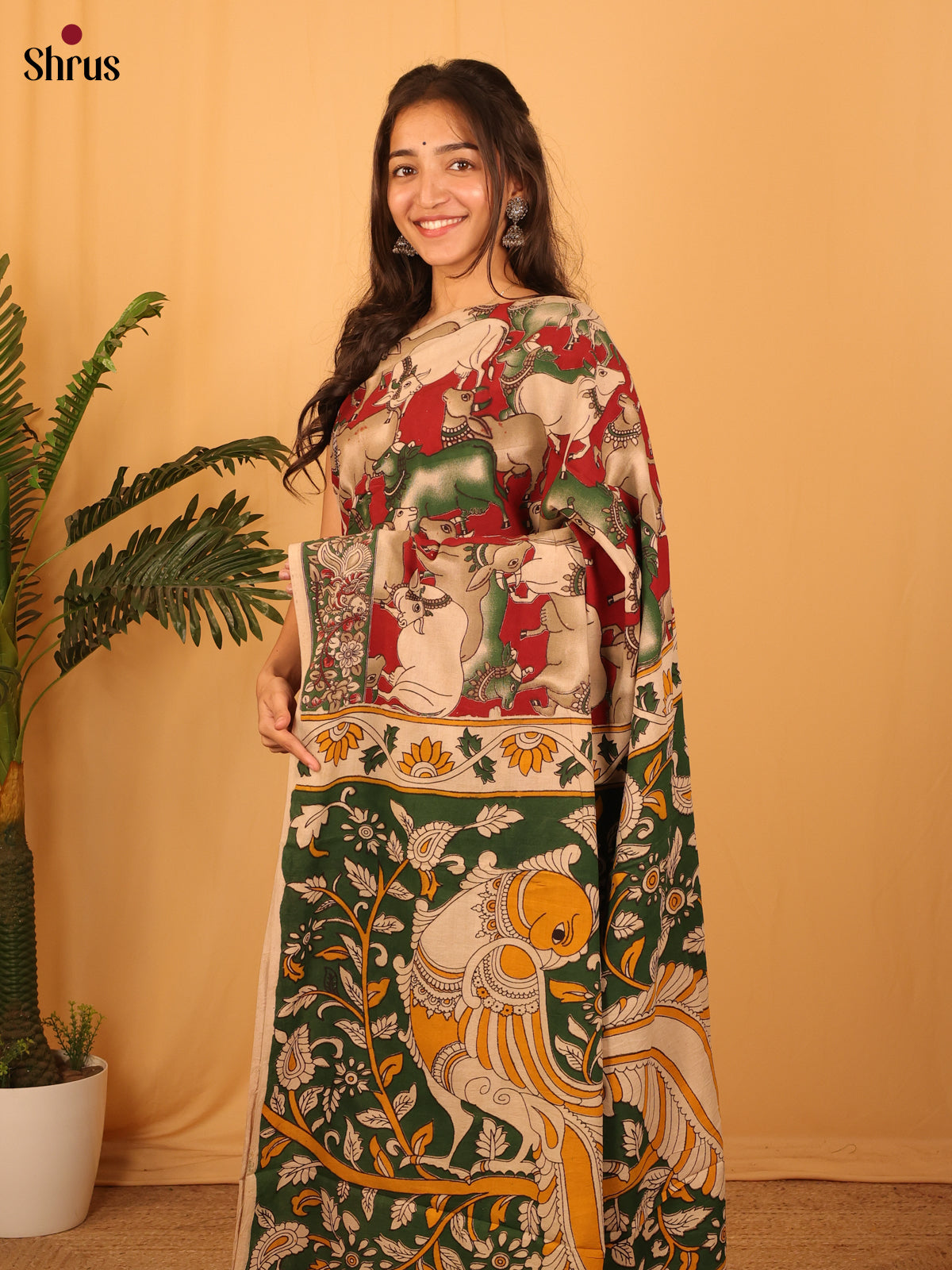 Maroon & Green - kalamkari-cotton Saree - Shop on Shrus.com
