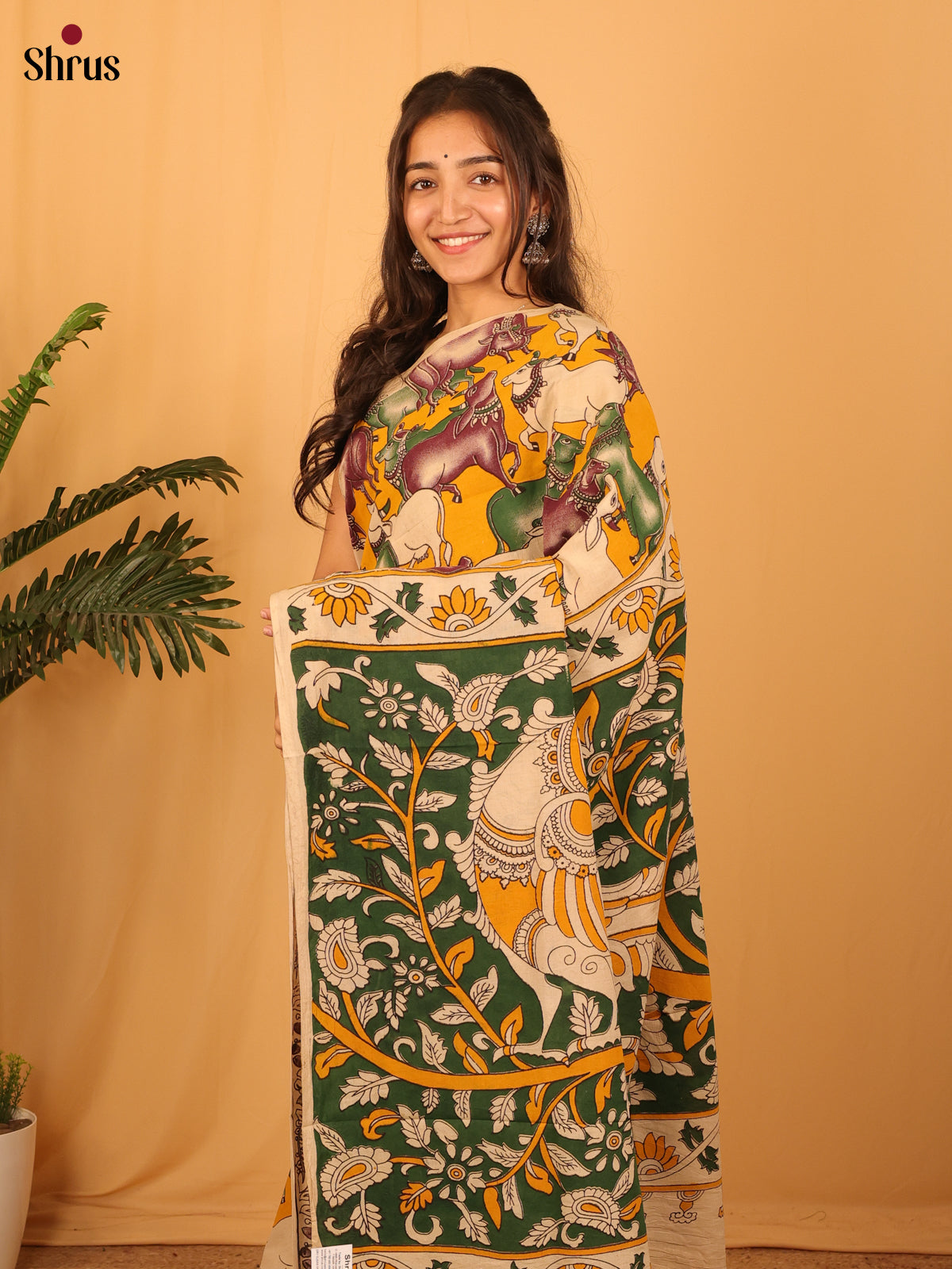Mustard & Green - kalamkari-cotton Saree - Shop on Shrus.com