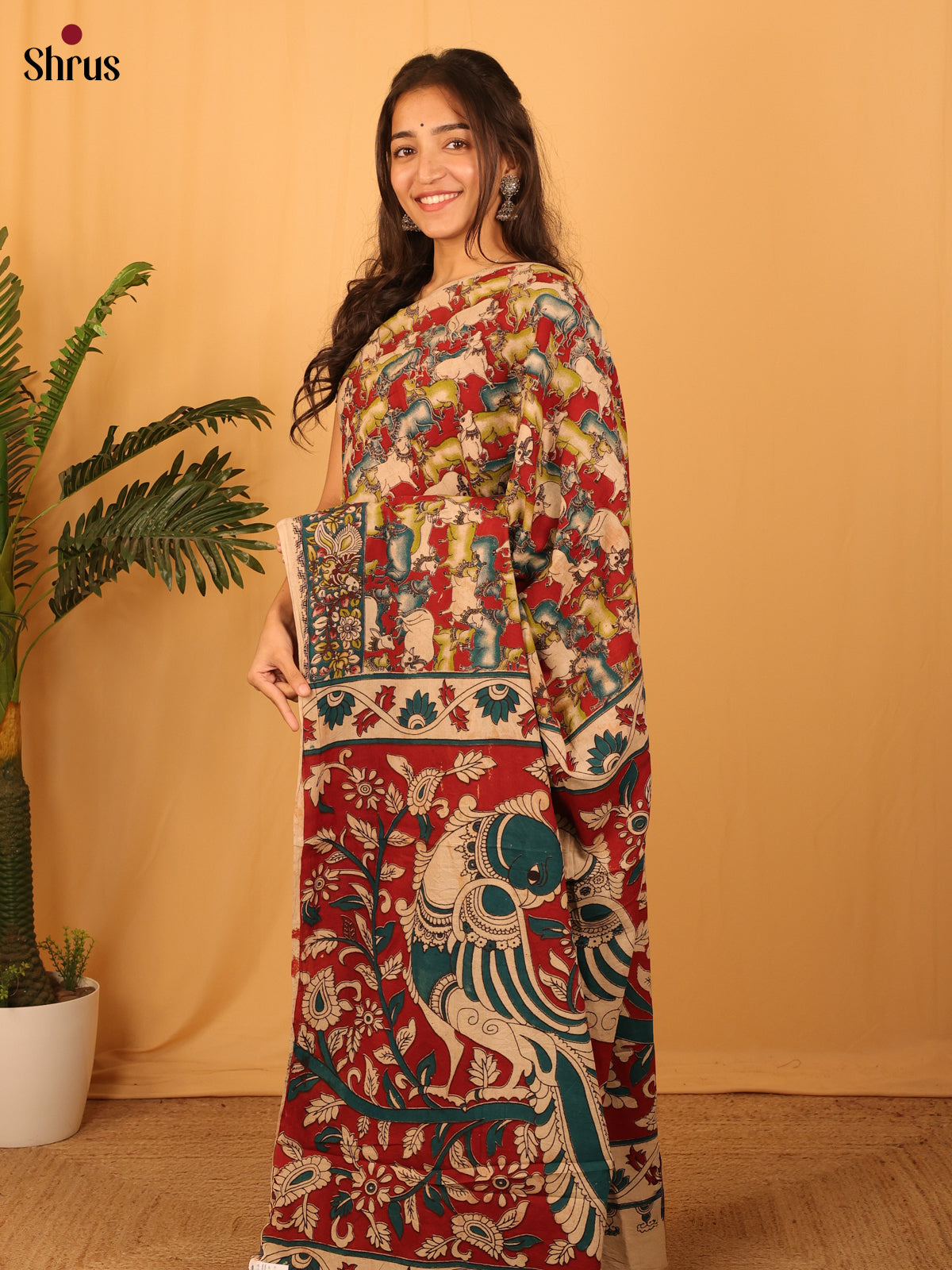 Maroon & Beige - kalamkari-cotton Saree - Shop on Shrus.com