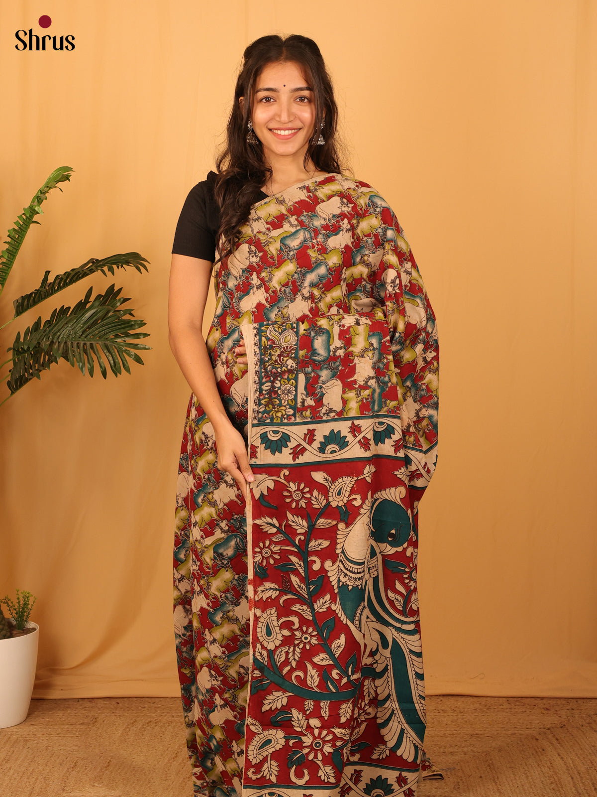 Maroon & Beige - kalamkari-cotton Saree - Shop on Shrus.com