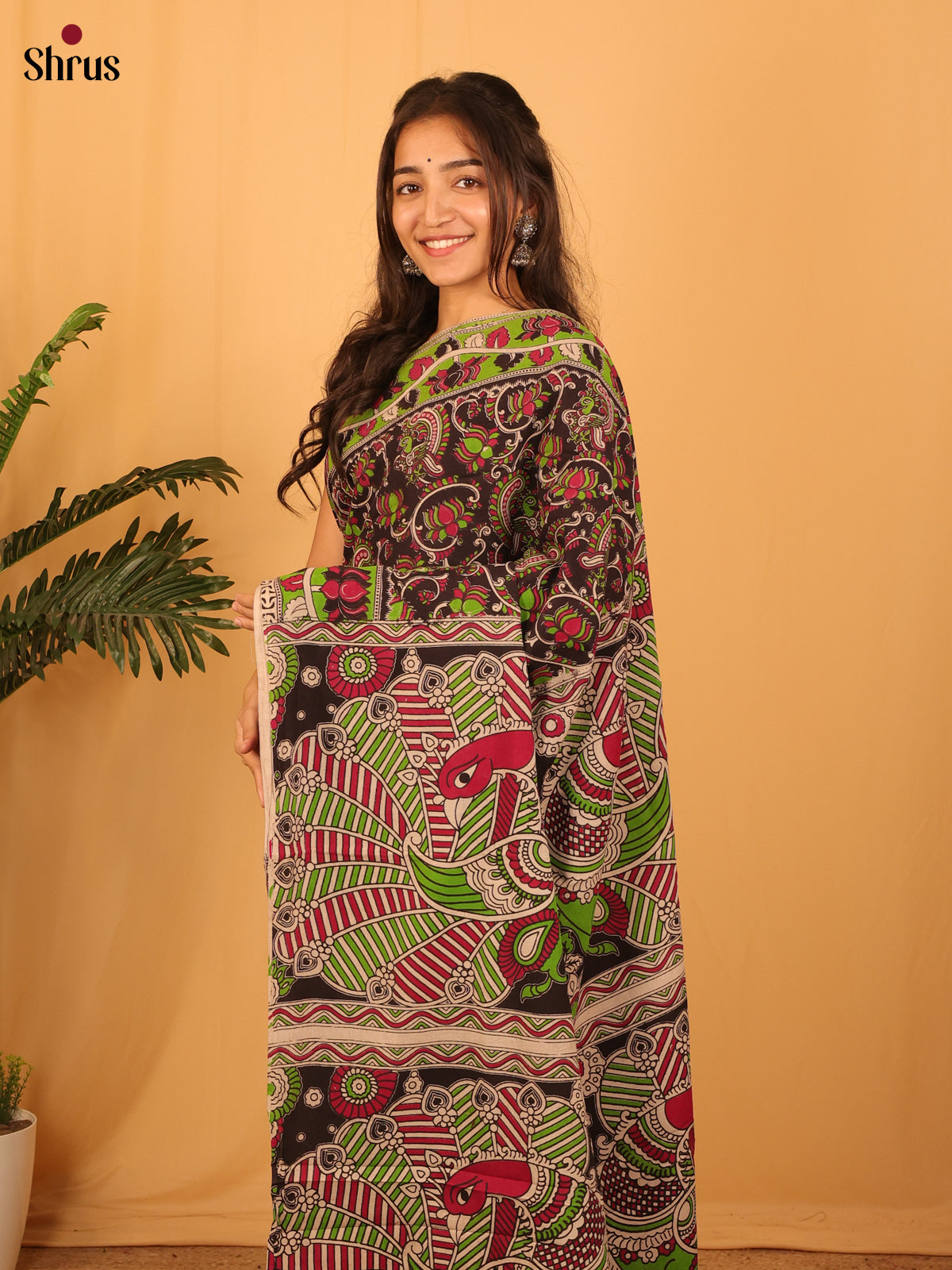 Black & Green - kalamkari-cotton Saree - Shop on Shrus.com