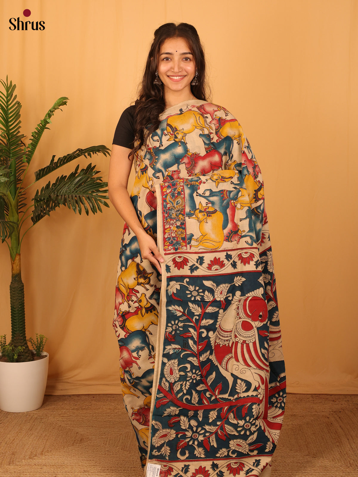 Beige & Green - kalamkari-cotton Saree - Shop on Shrus.com