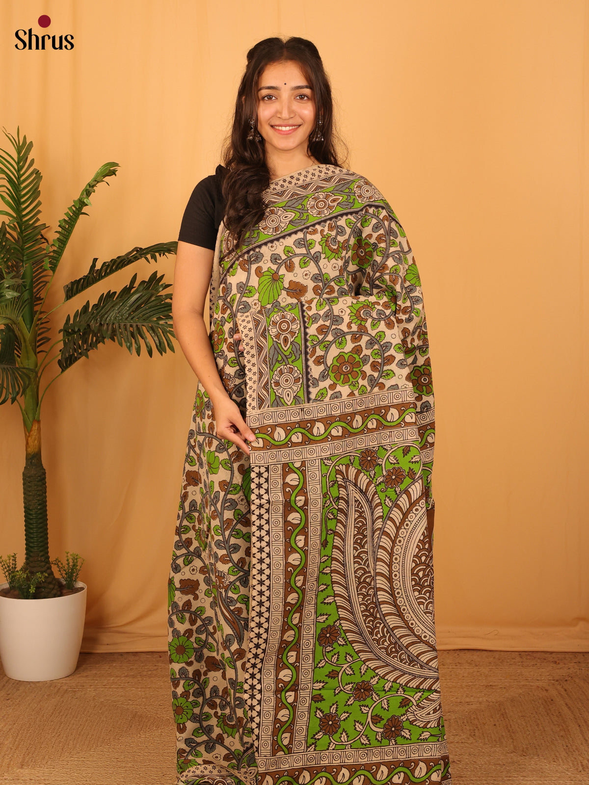 Beige & Green - kalamkari-cotton Saree - Shop on Shrus.com