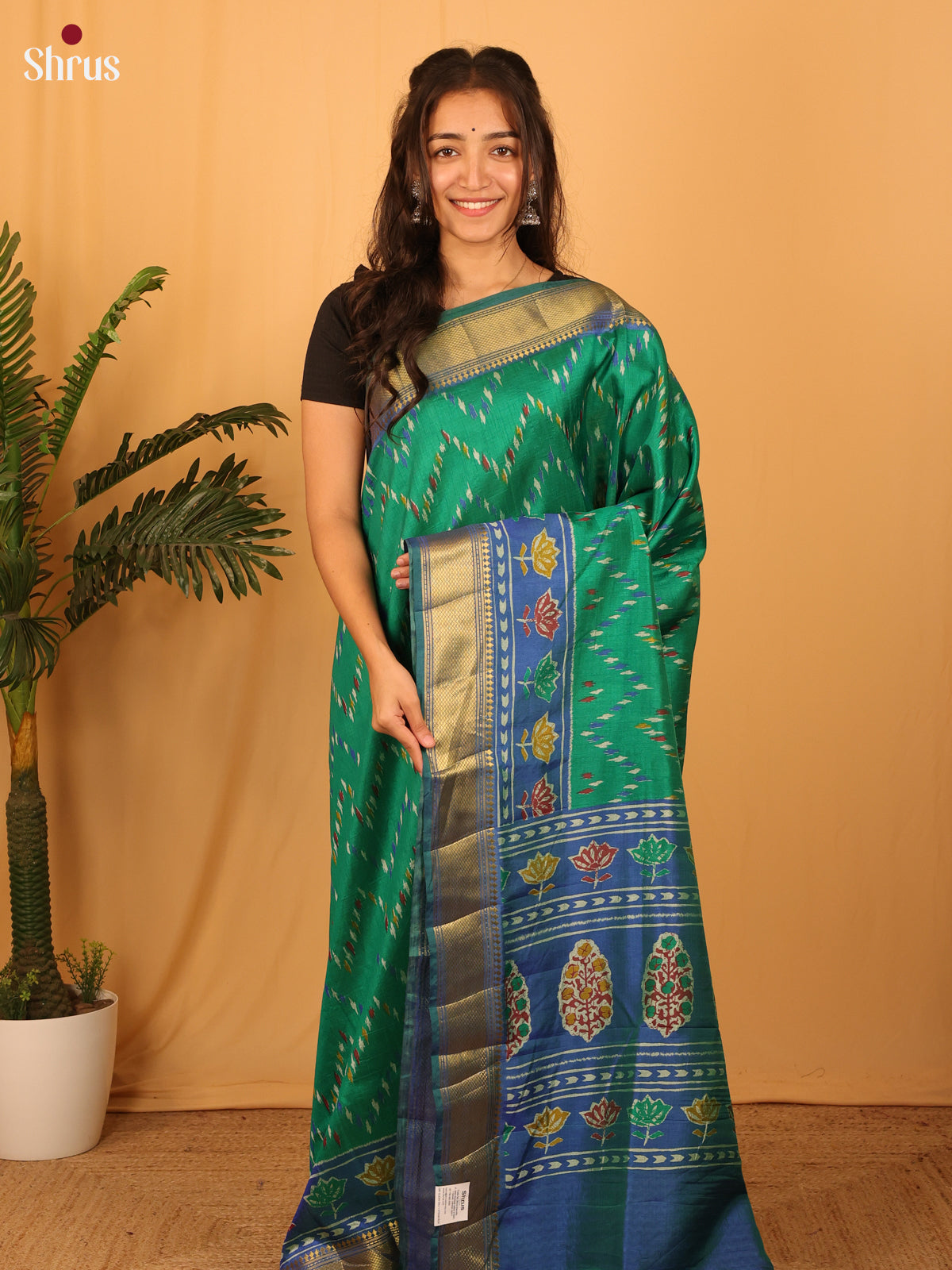 Green & Blue - Semi Patola Saree - Shop on Shrus.com
