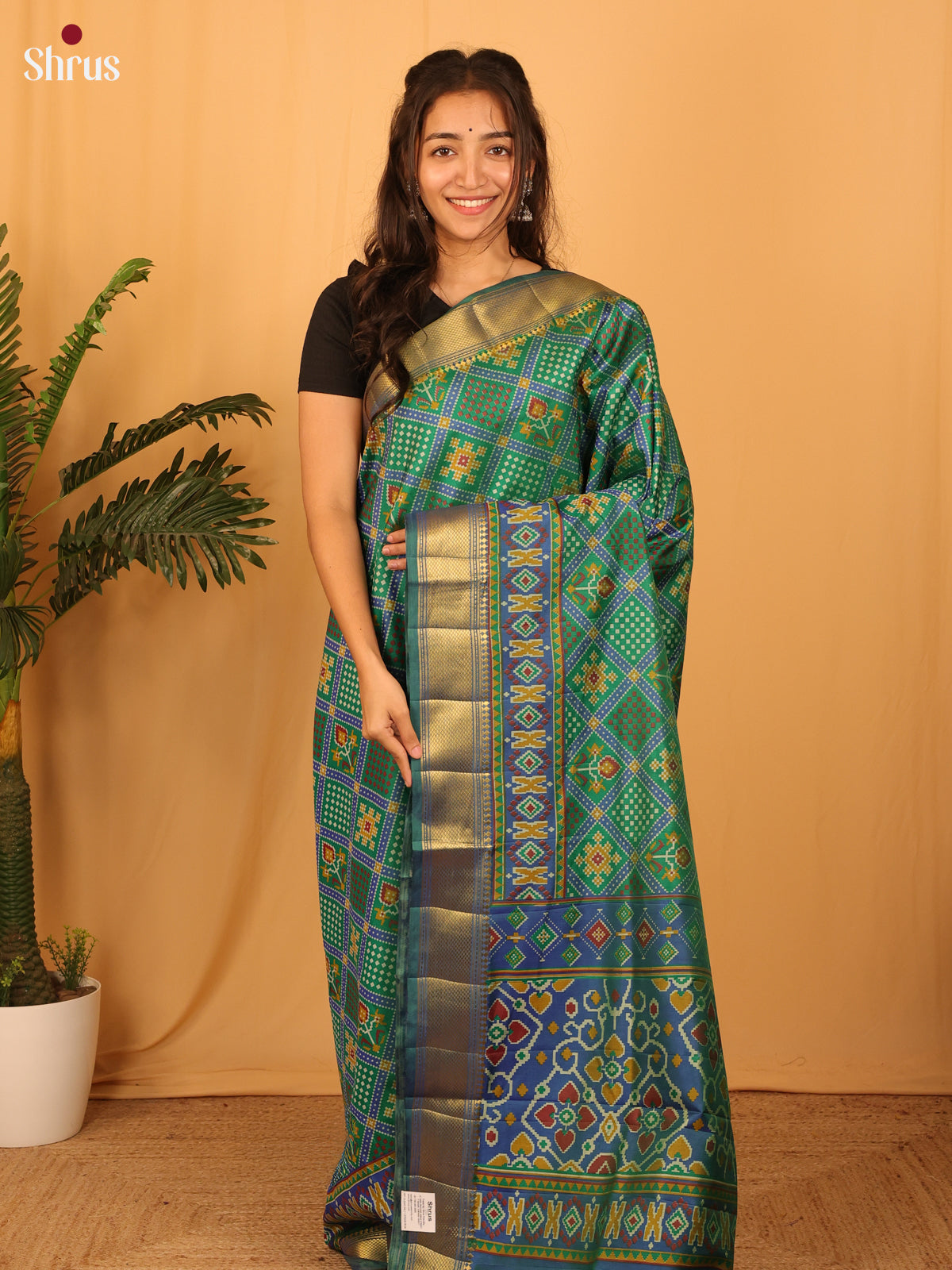 Green & Blue - Semi Patola Saree - Shop on Shrus.com