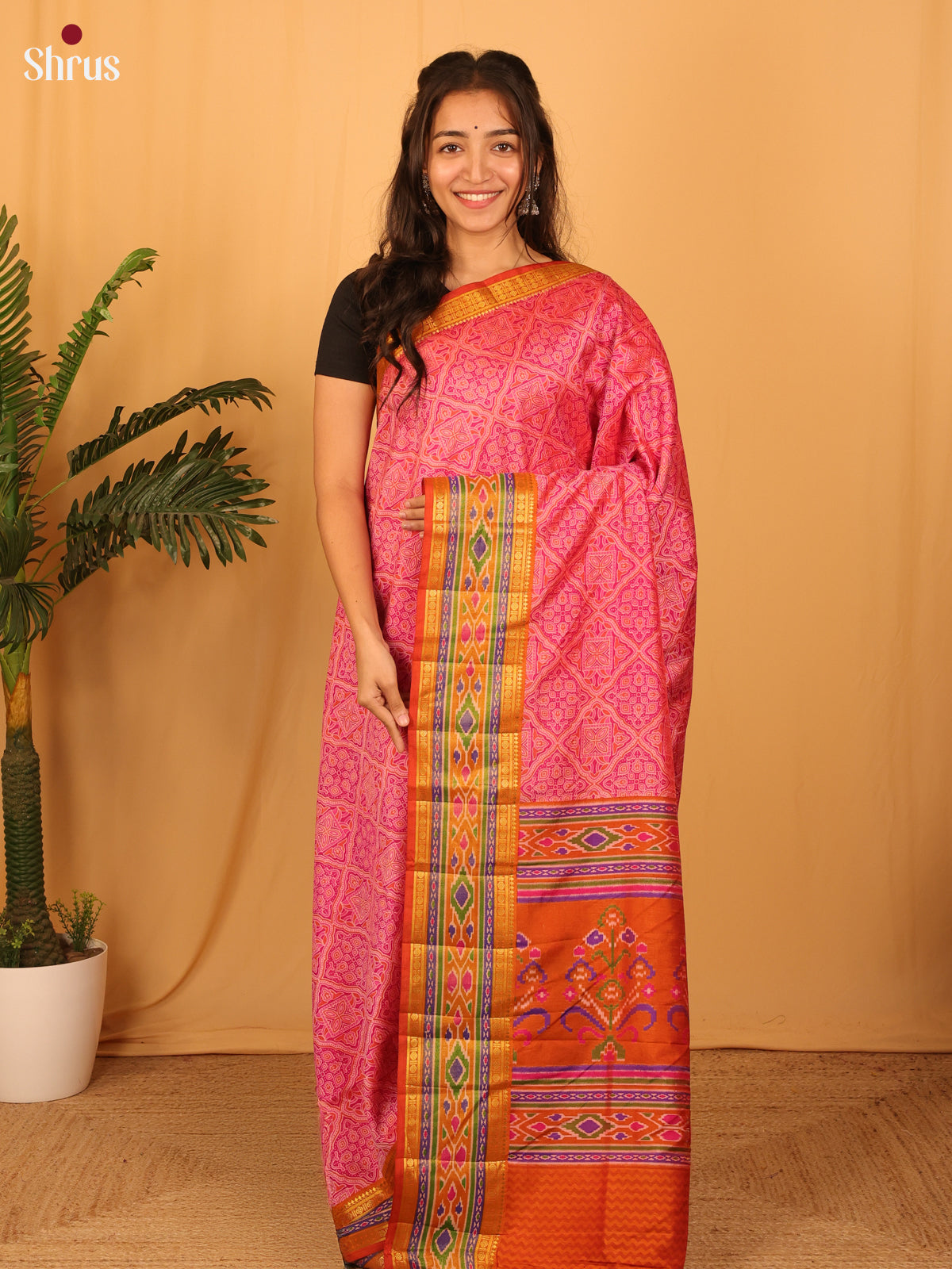 Pink & Orange - Semi Patola Saree - Shop on Shrus.com