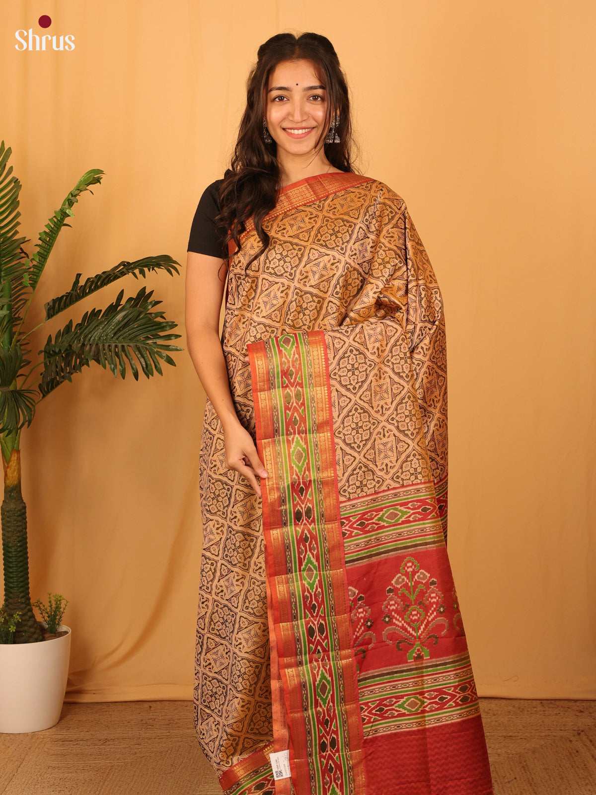 Brown & Orange - Semi Patola Saree - Shop on Shrus.com