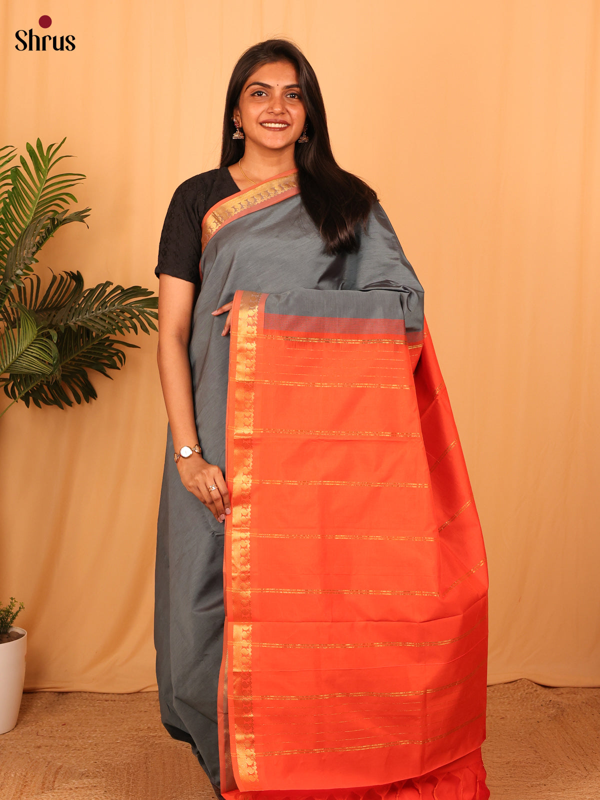 Grey & Orange - Silkcotton-halfpure Saree - Shop on Shrus.com