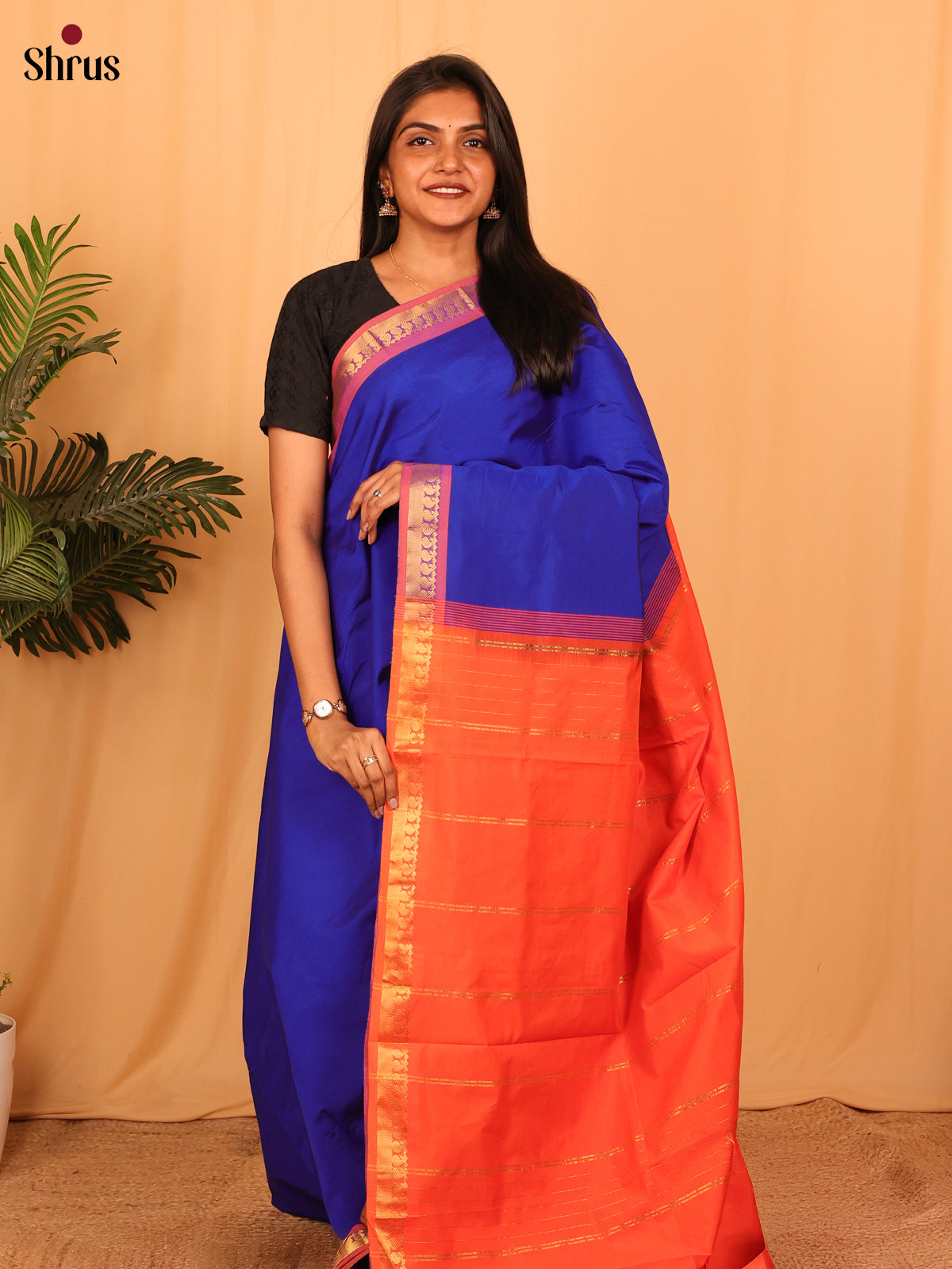 Blue & Orange - Silkcotton-halfpure Saree - Shop on Shrus.com