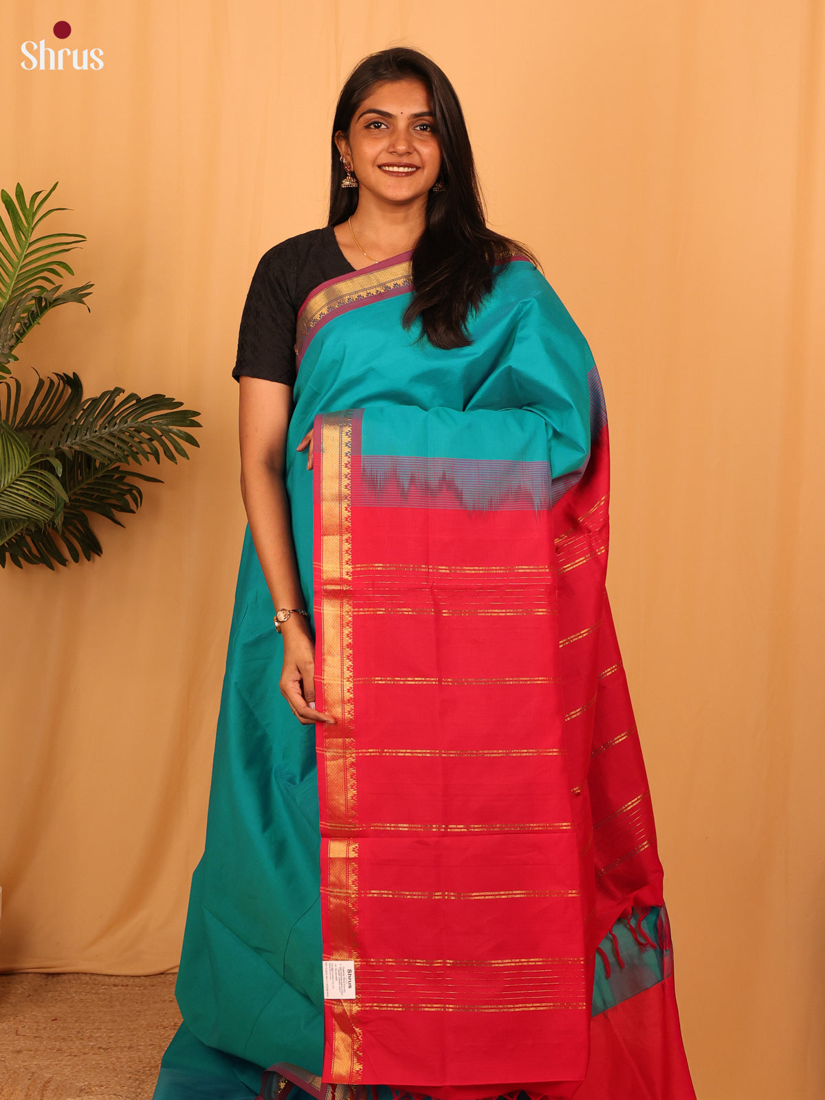 Teal & Red - Silkcotton-halfpure Saree - Shop on Shrus.com