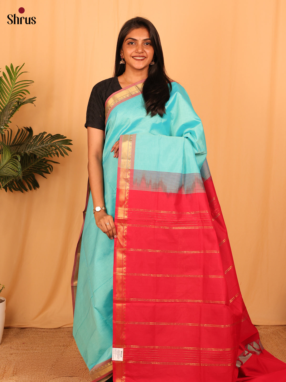 Blue & Red - Silkcotton-halfpure Saree - Shop on Shrus.com