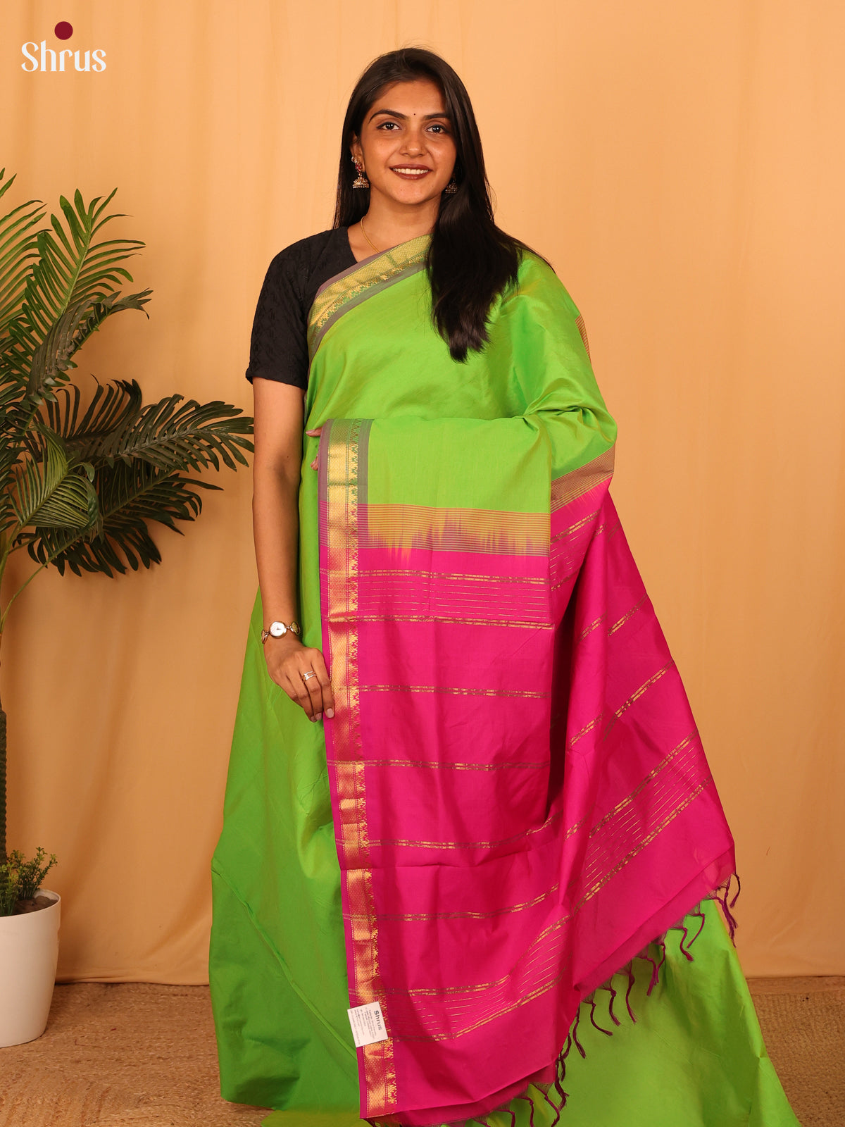 Green & Pink - Silkcotton-halfpure Saree - Shop on Shrus.com