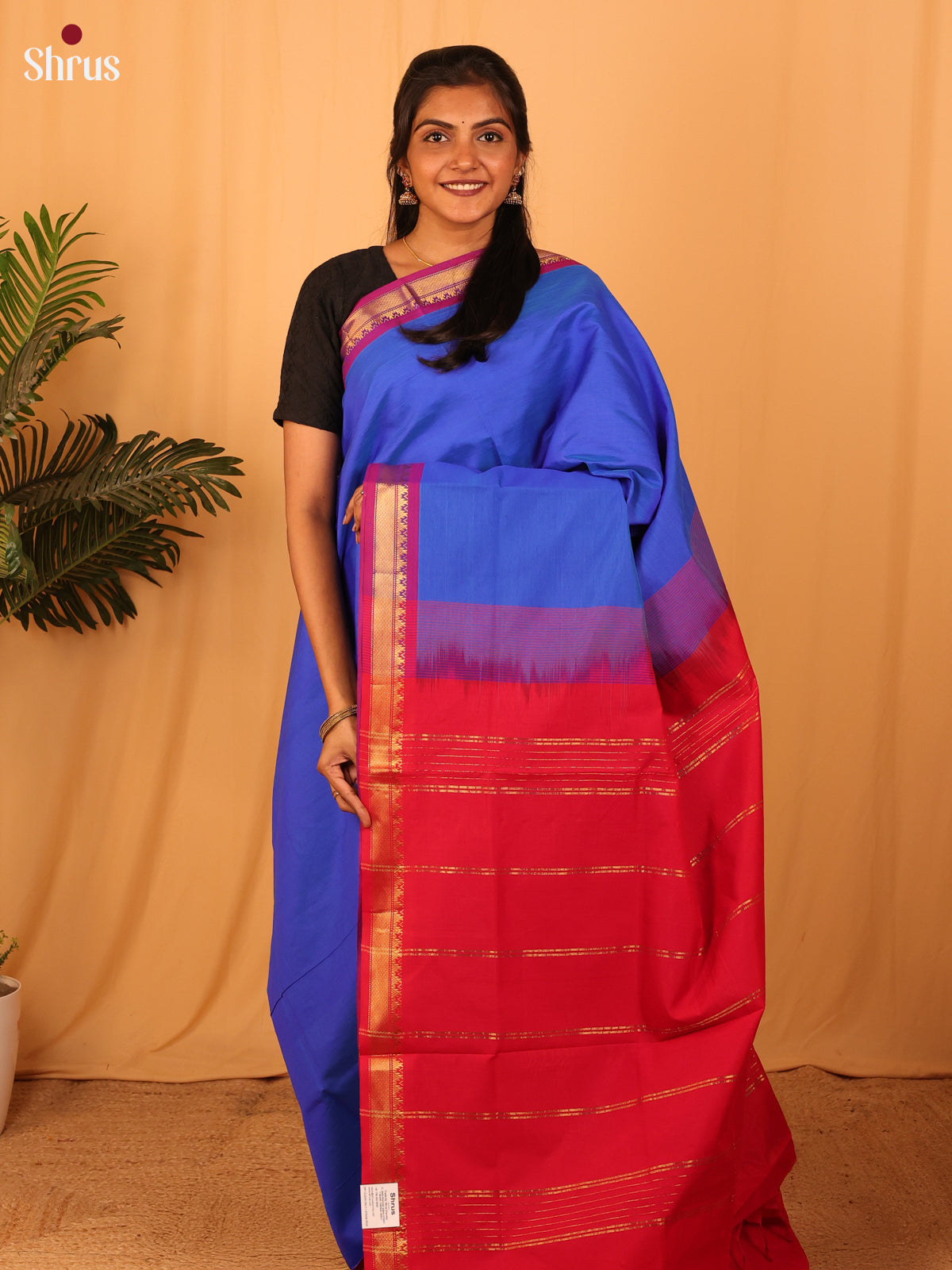 Blue & Red - Silkcotton-halfpure Saree - Shop on Shrus.com