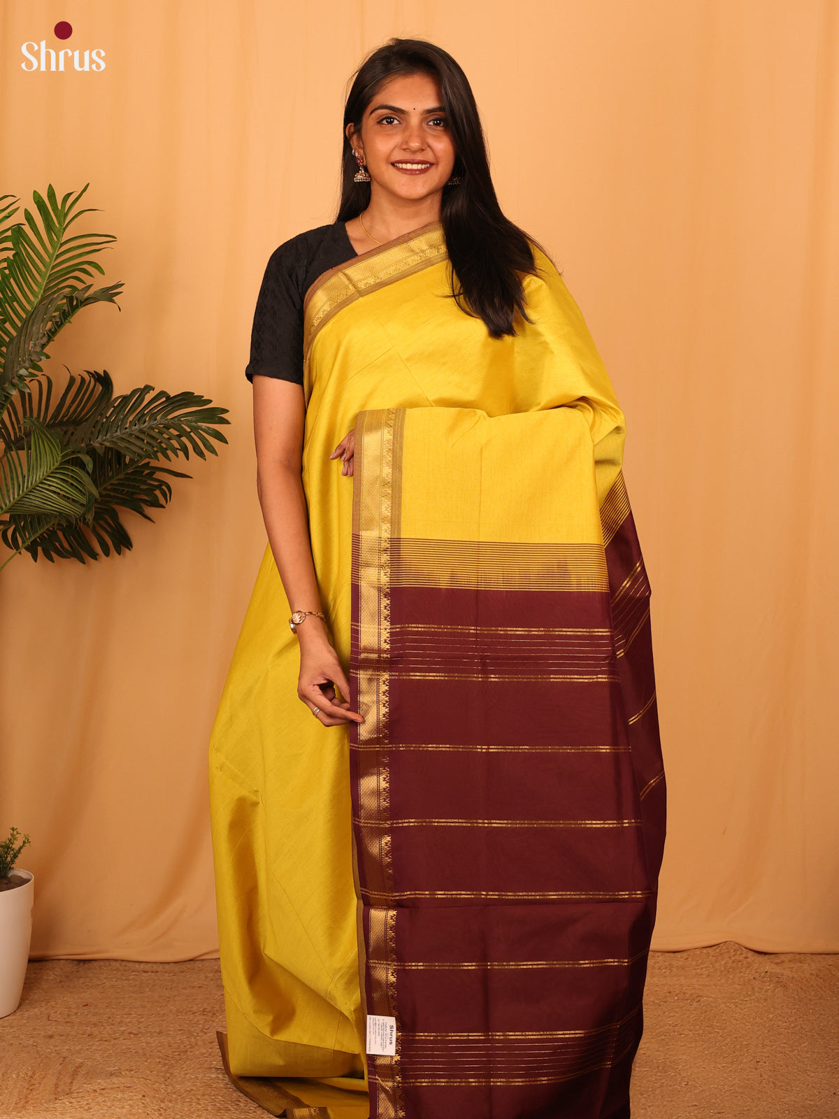 Yellow & Brown- Silkcotton-halfpure Saree - Shop on Shrus.com