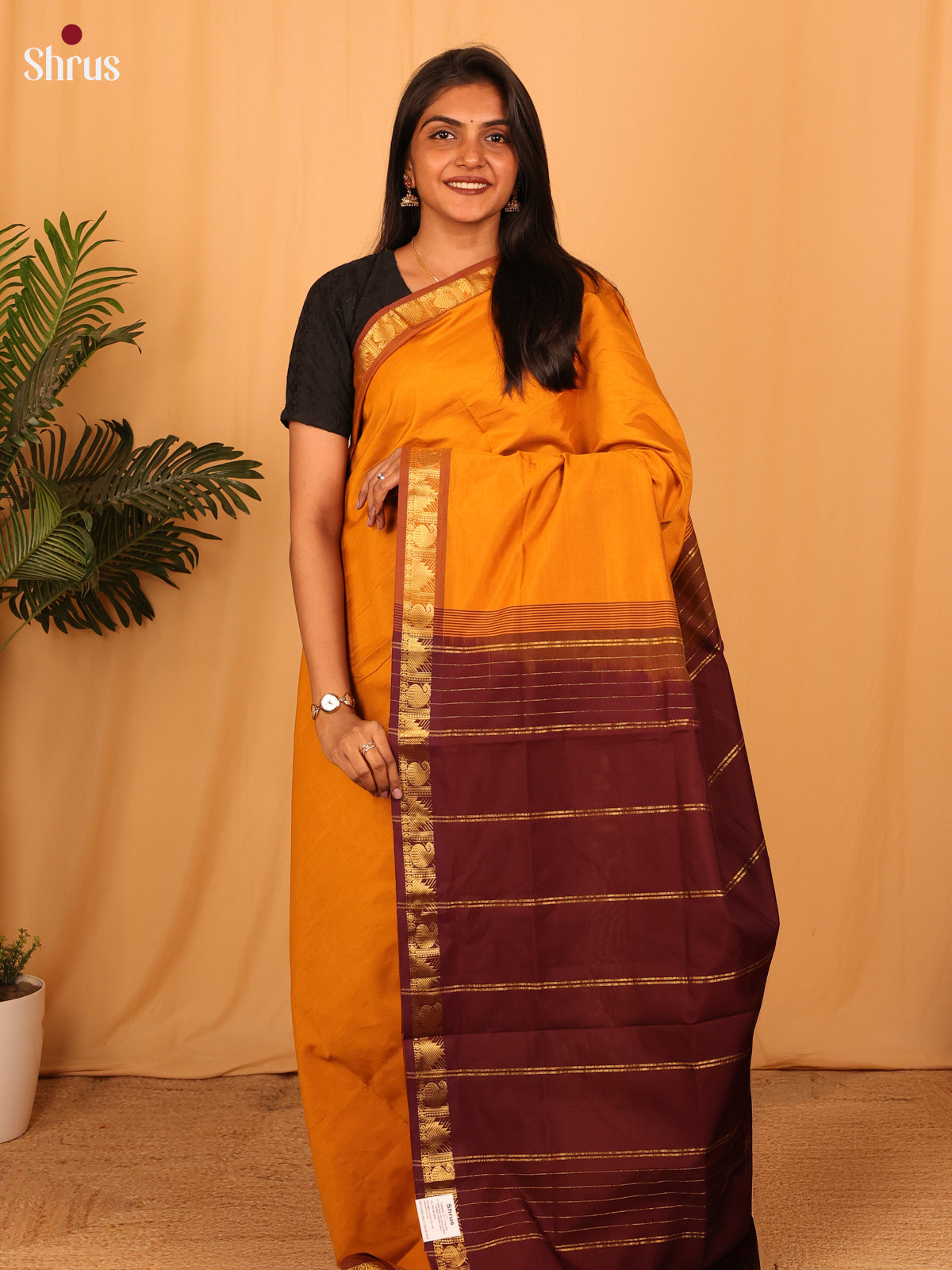 Orange & Brown - Silkcotton-halfpure Saree - Shop on Shrus.com