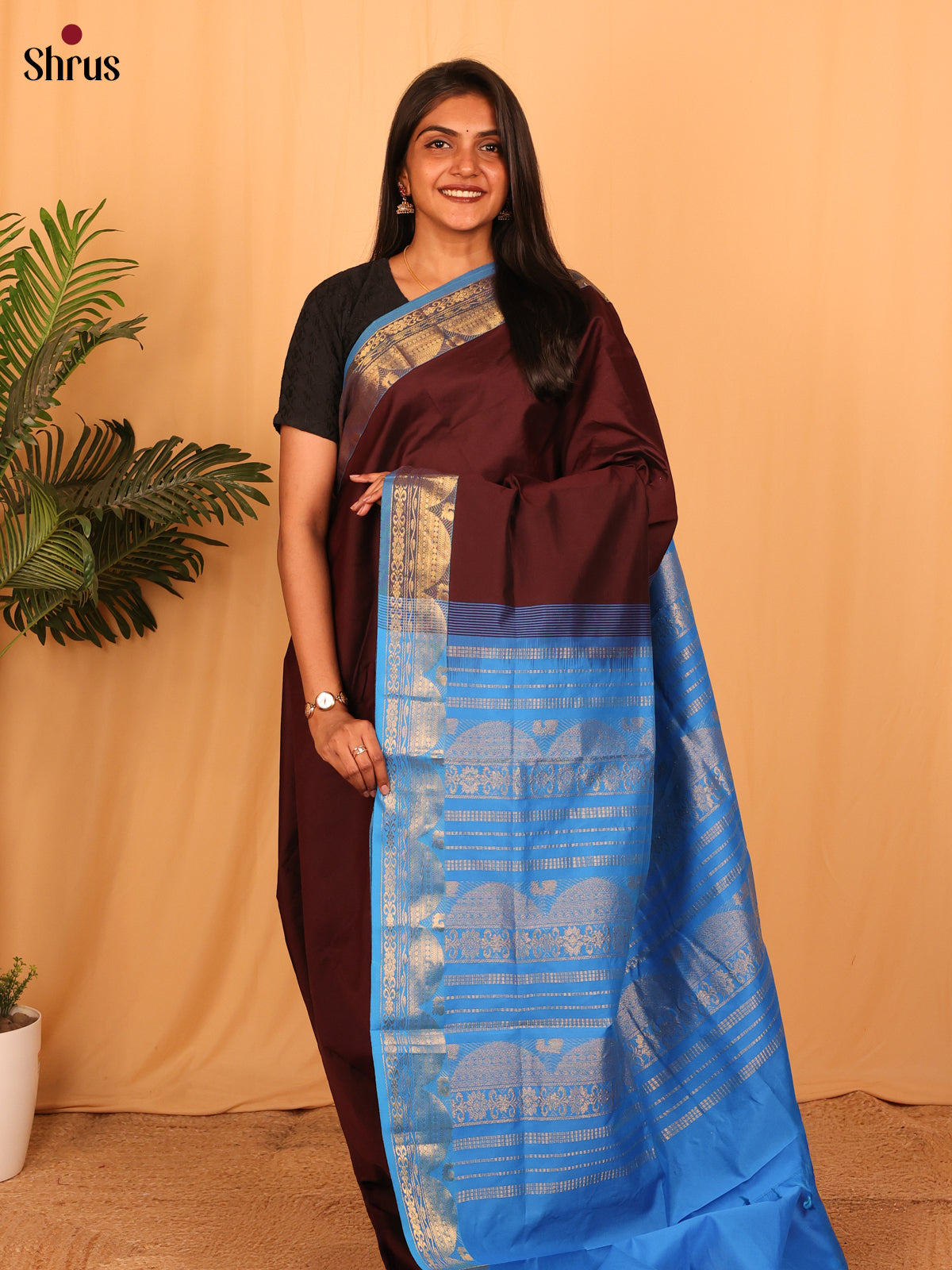 Brown & Blue - Silkcotton-halfpure Saree - Shop on Shrus.com