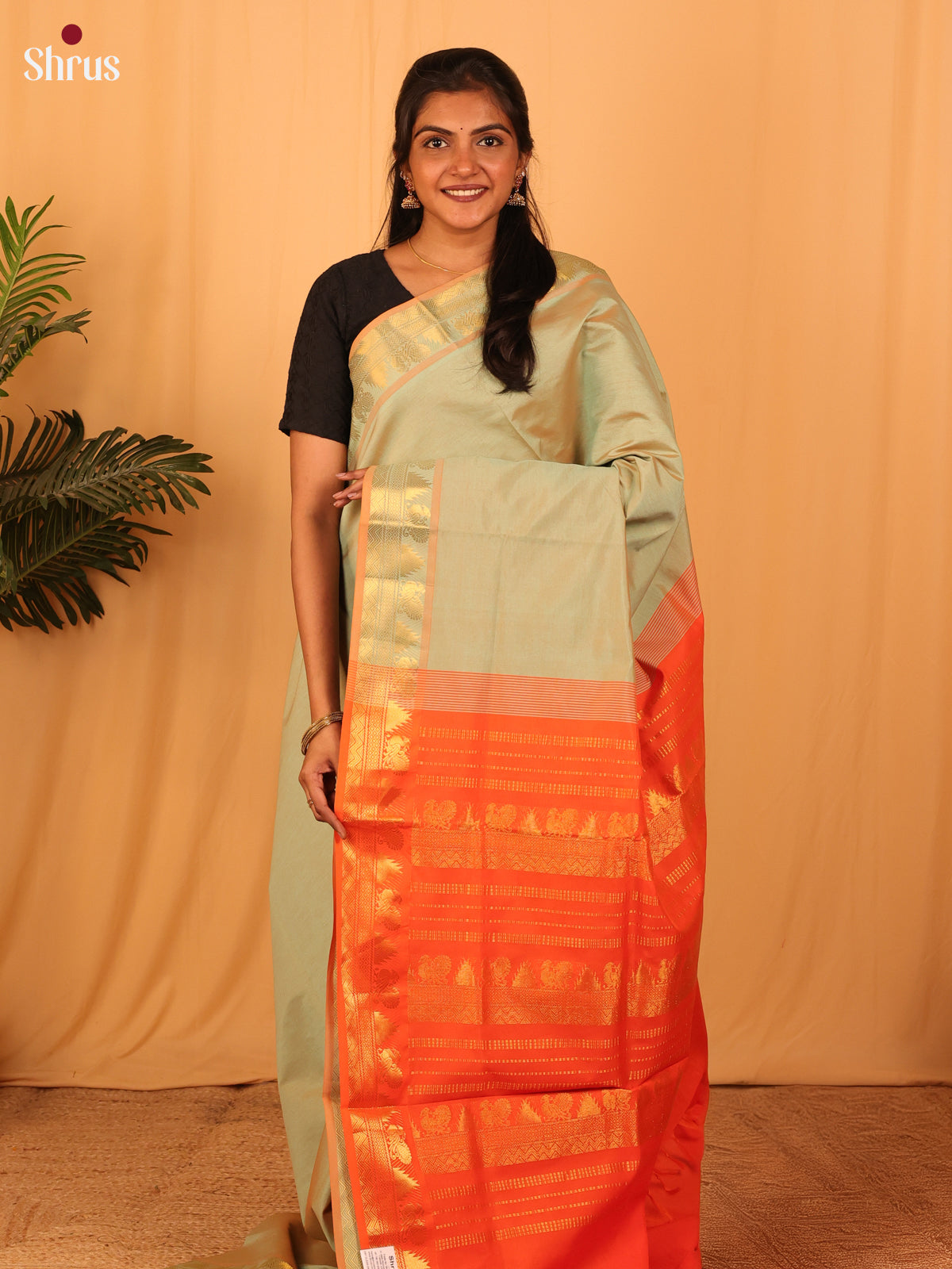 Elachi Green & Orange- Silkcotton-halfpure Saree - Shop on Shrus.com
