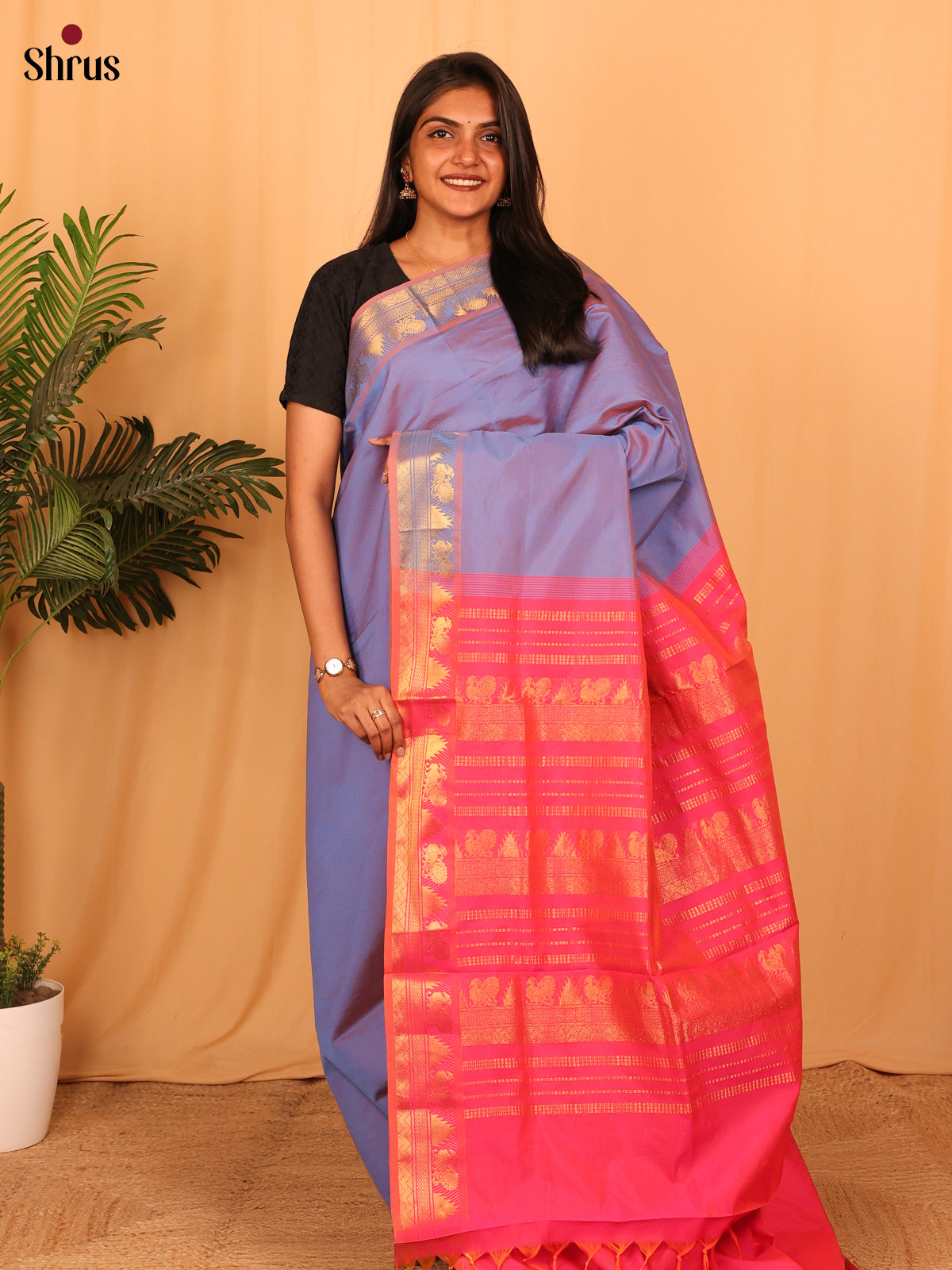 Lavender & Pink - Silkcotton-halfpure Saree - Shop on Shrus.com
