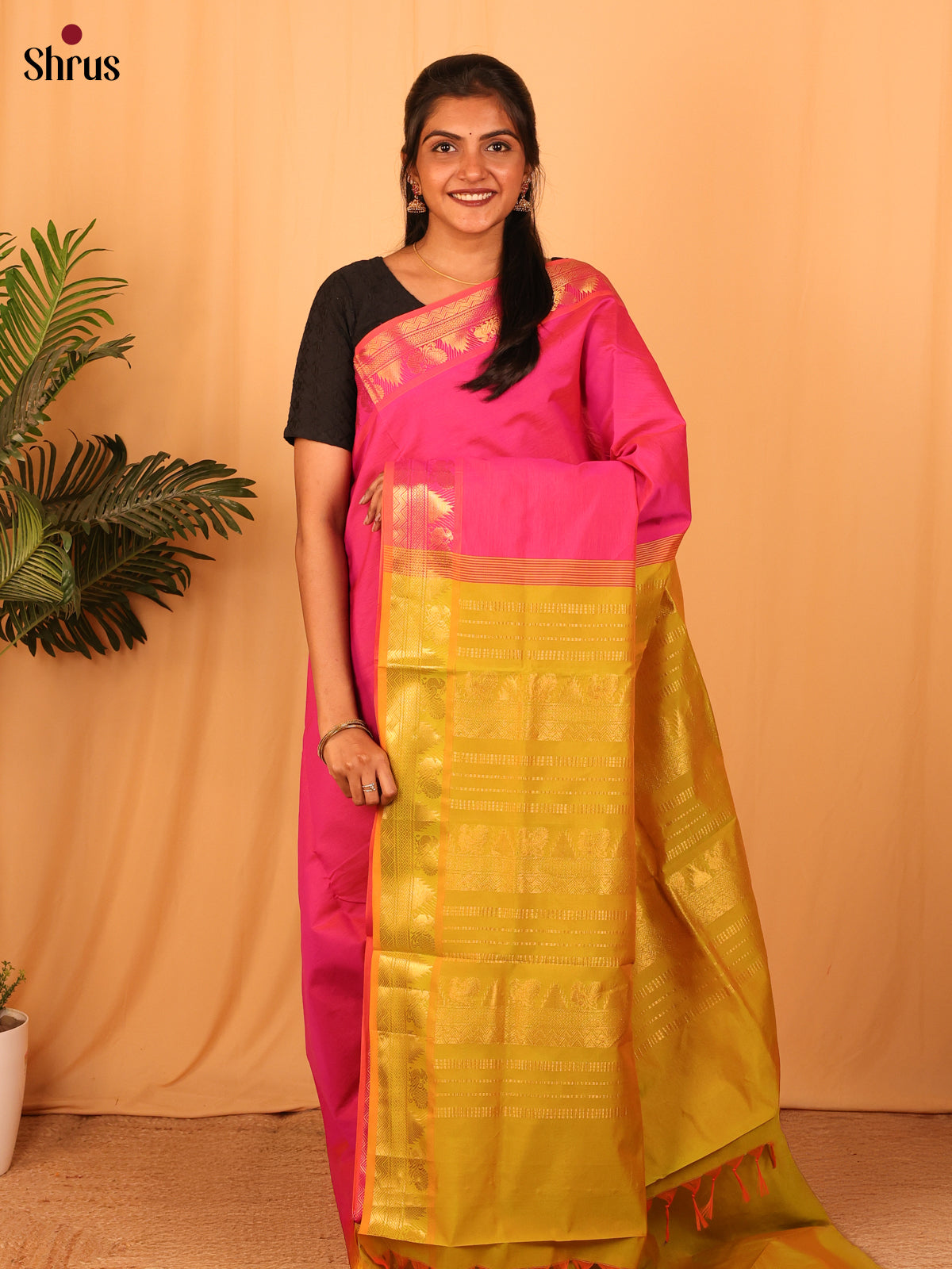 Pink & Green- Silkcotton-halfpure Saree - Shop on Shrus.com
