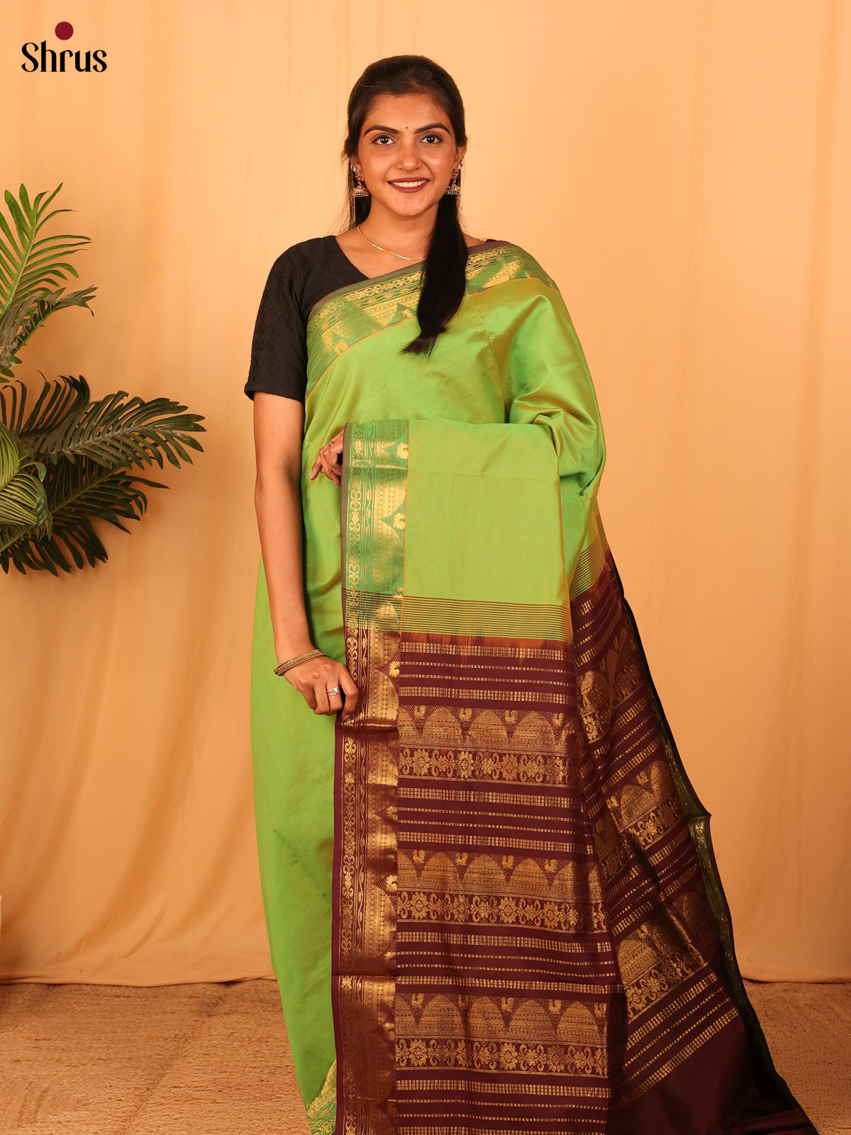 Green & Brown - Silkcotton-halfpure Saree - Shop on Shrus.com