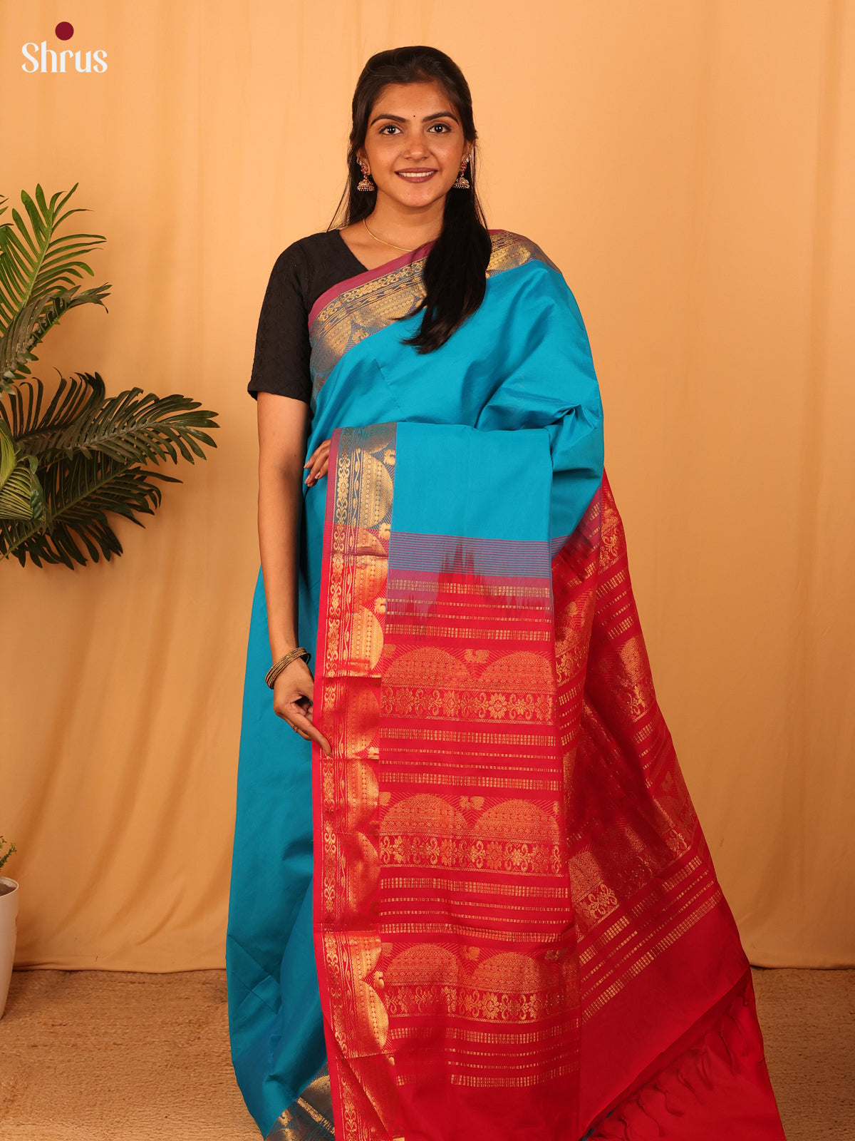 Blue & Red - Silkcotton-halfpure Saree - Shop on Shrus.com