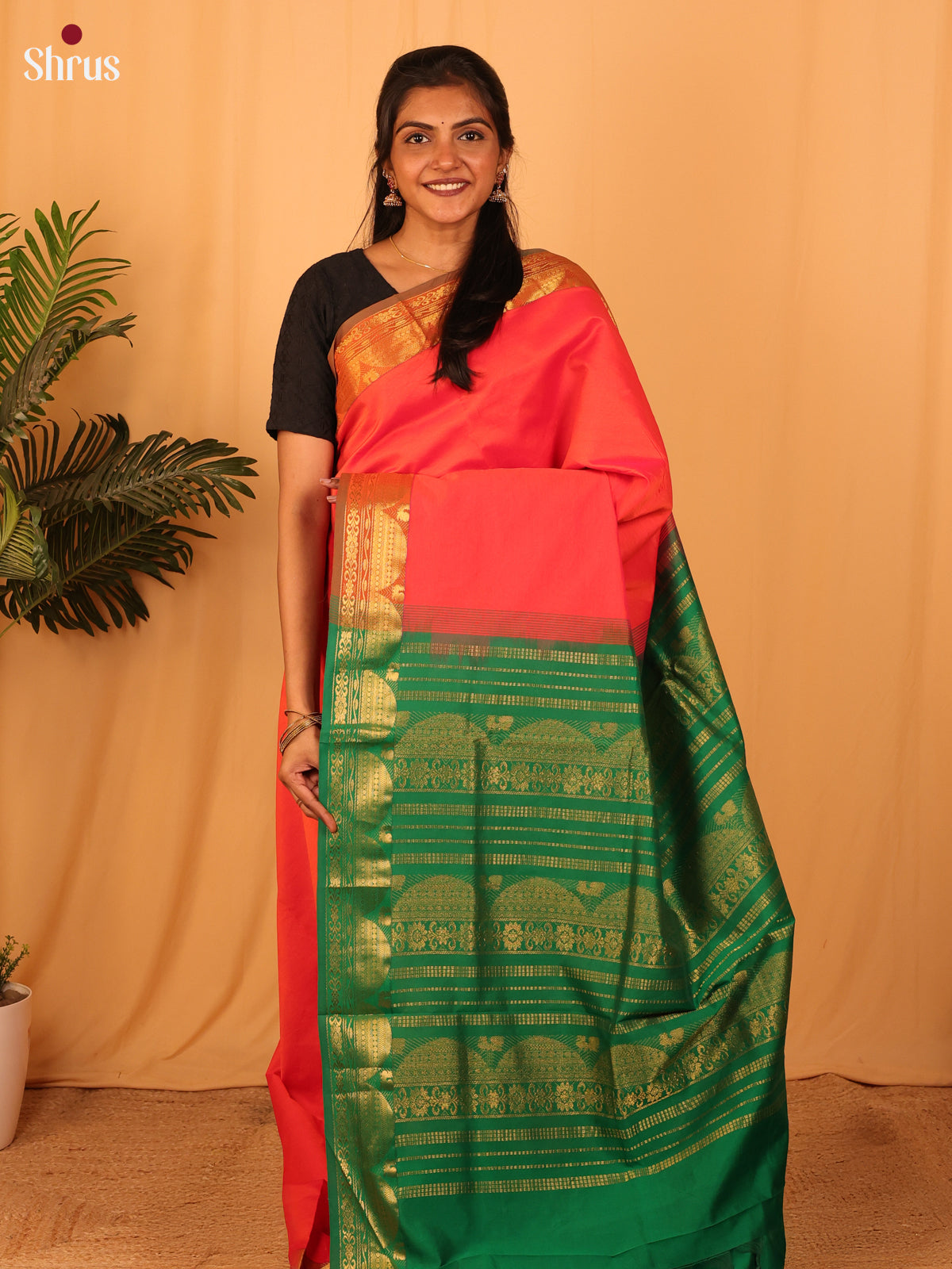 Pink & Green- Silkcotton-halfpure Saree - Shop on Shrus.com