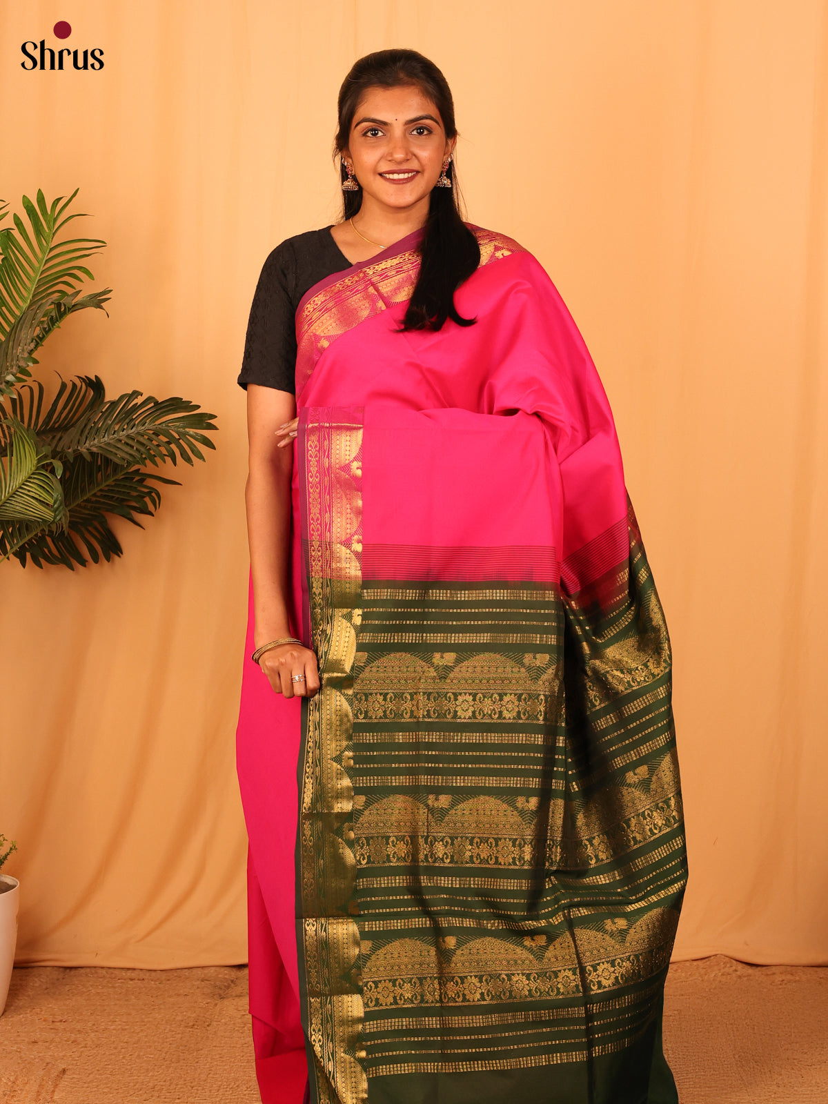 Pink & Green - Silkcotton-halfpure Saree - Shop on Shrus.com