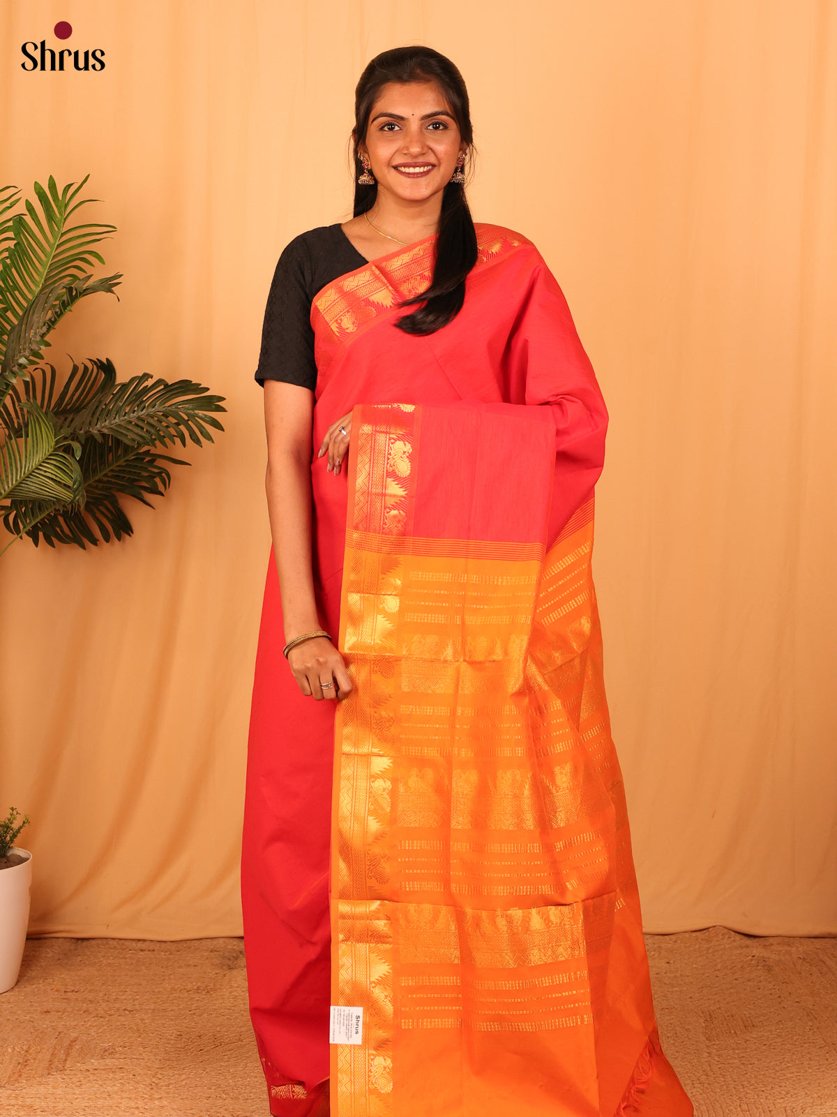 Red & Orange - Silkcotton-halfpure Saree - Shop on Shrus.com