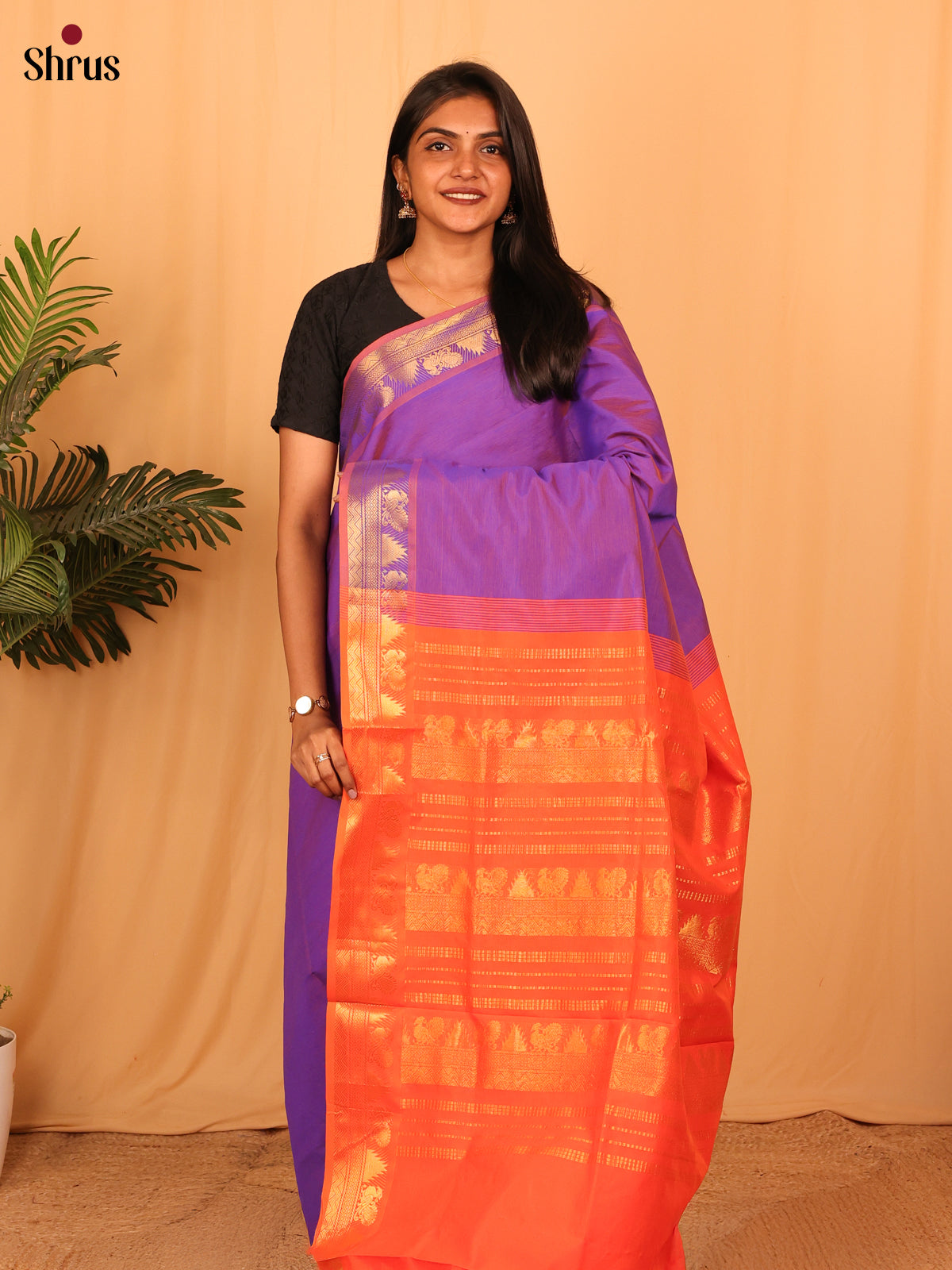 Purple & Orange- Silkcotton-halfpure Saree - Shop on Shrus.com