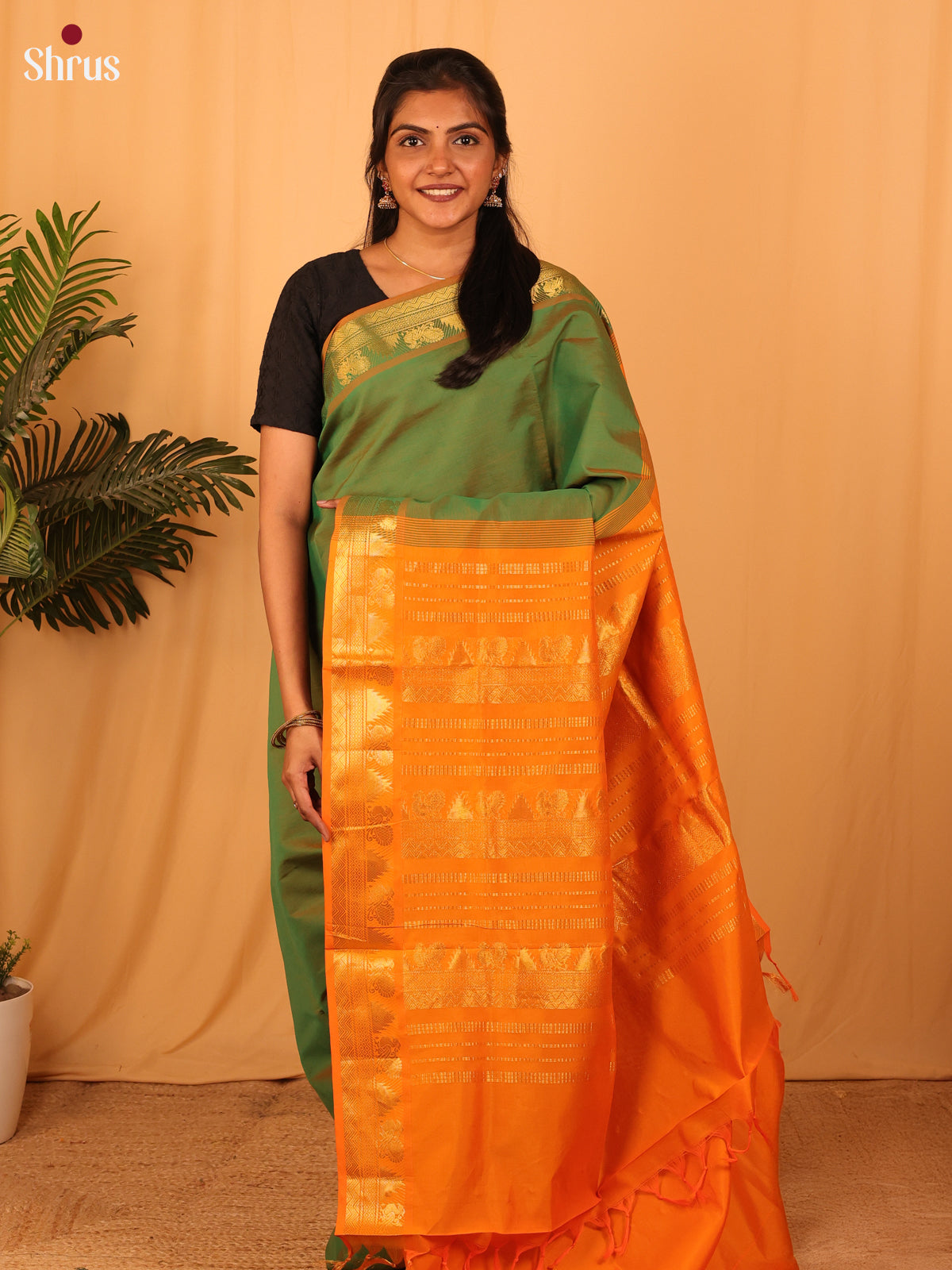 Green & Orange - Silkcotton-halfpure Saree - Shop on Shrus.com