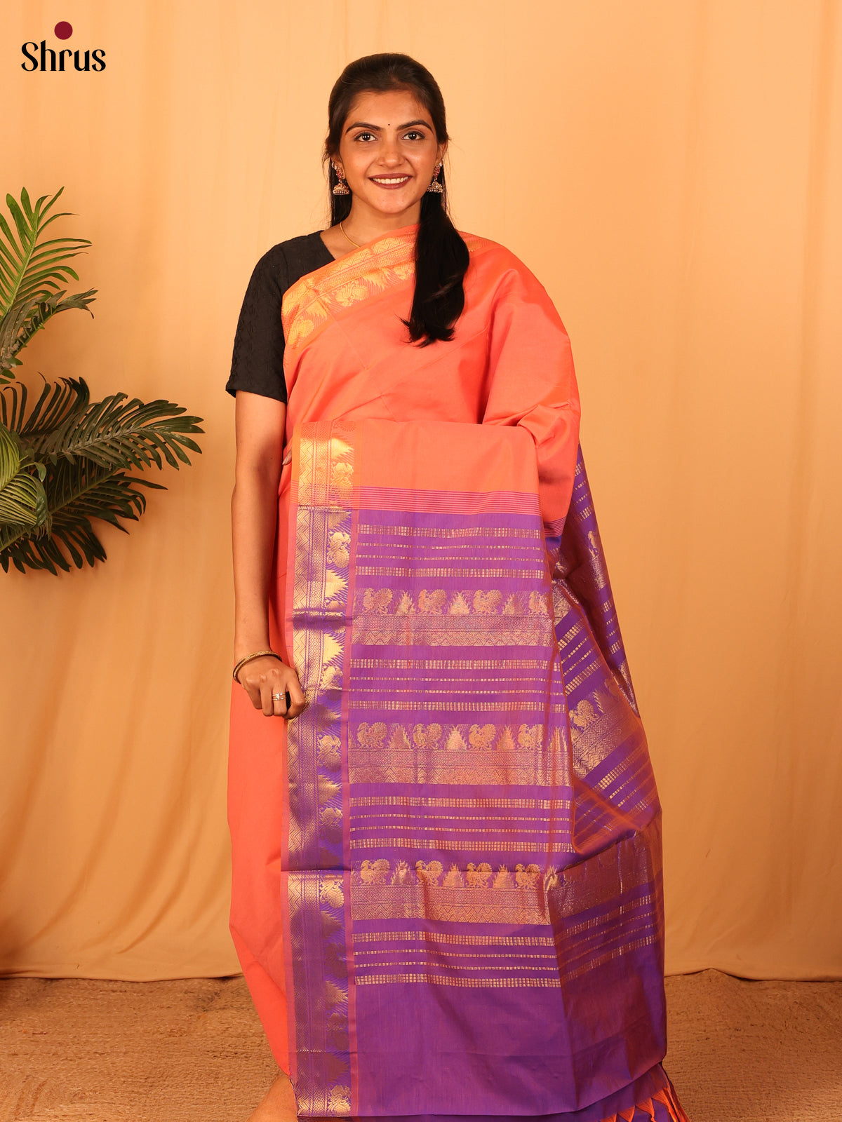 Peach & Purple - Silkcotton-halfpure Saree - Shop on Shrus.com