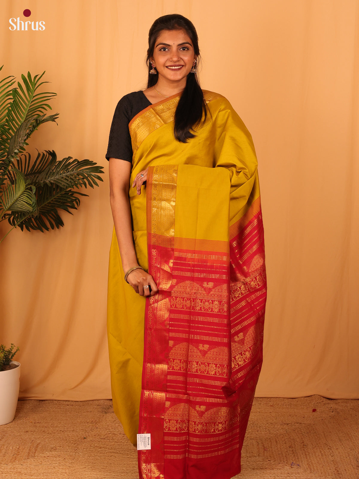 Dark Mustard & Red - Silkcotton-halfpure Saree - Shop on Shrus.com