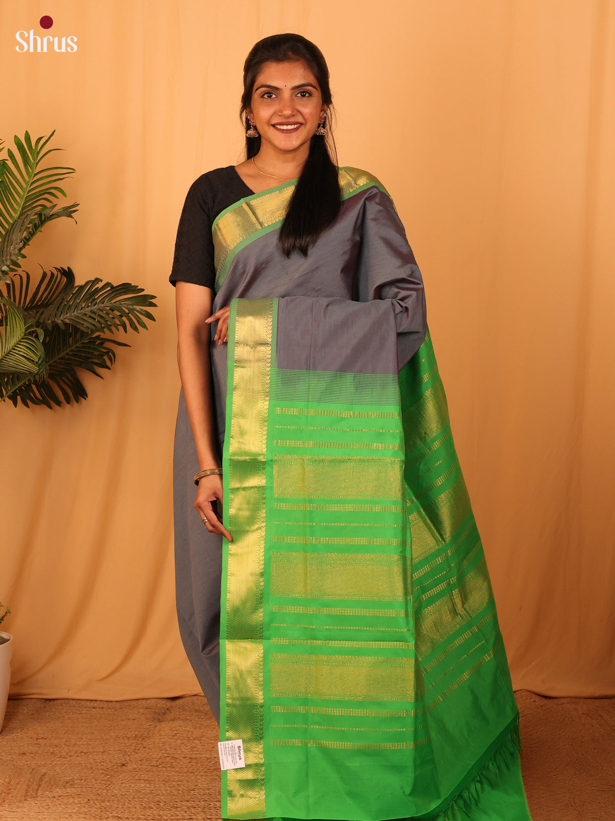 Grey & Green - Silkcotton-halfpure Saree - Shop on Shrus.com