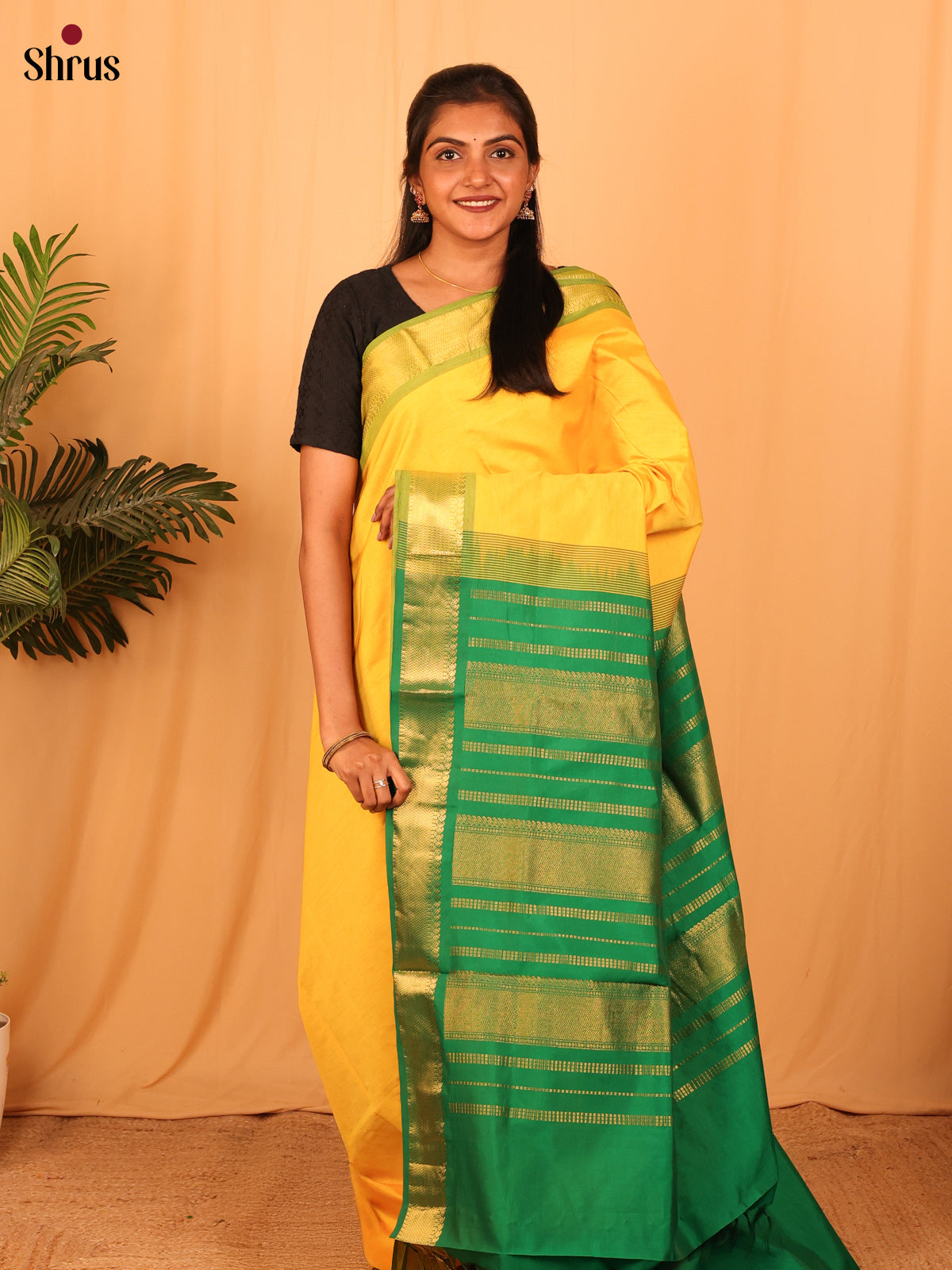 Yellow & Green - Silkcotton-halfpure Saree - Shop on Shrus.com