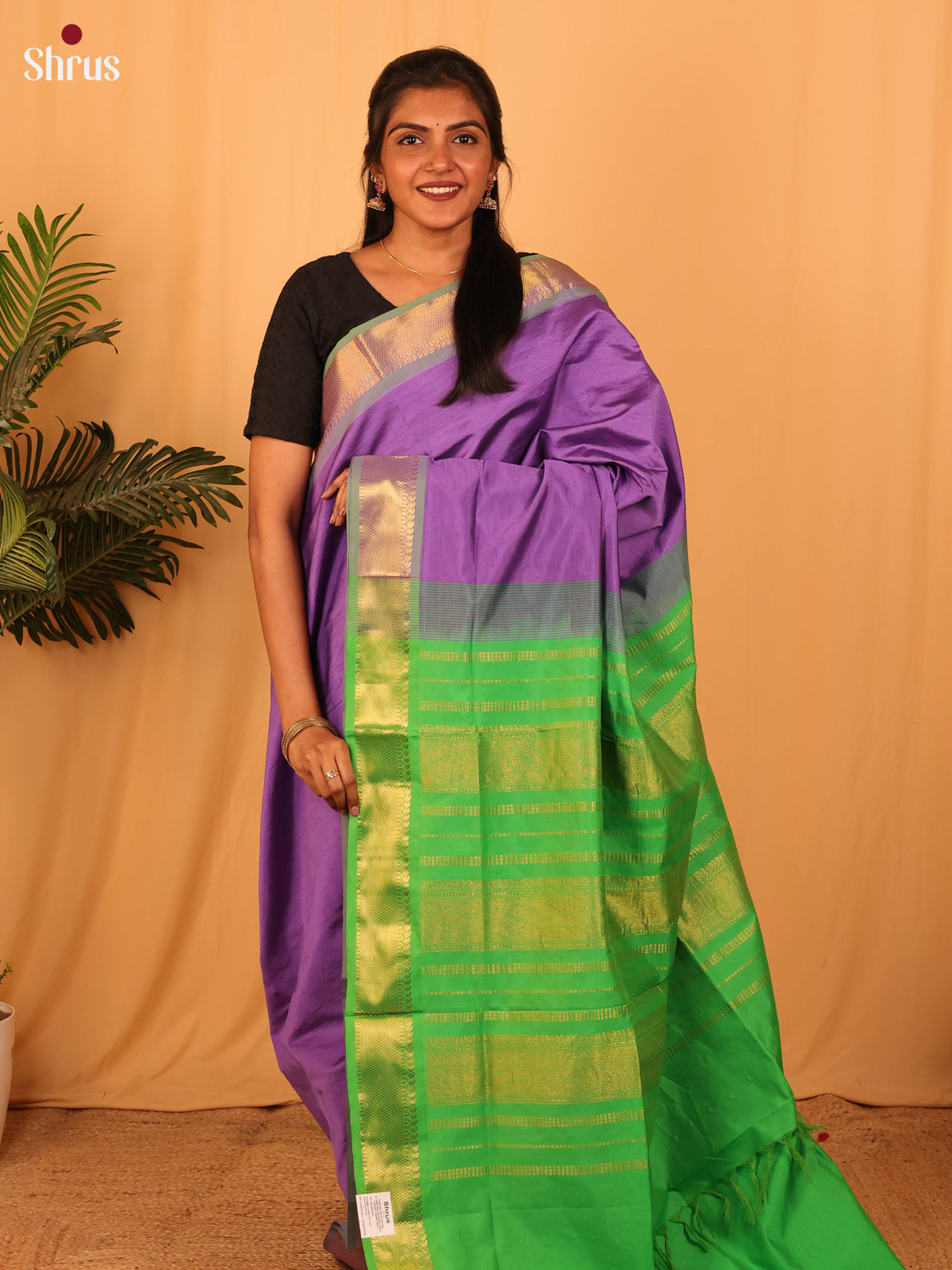 Purple & Green - Silkcotton-halfpure Saree - Shop on Shrus.com