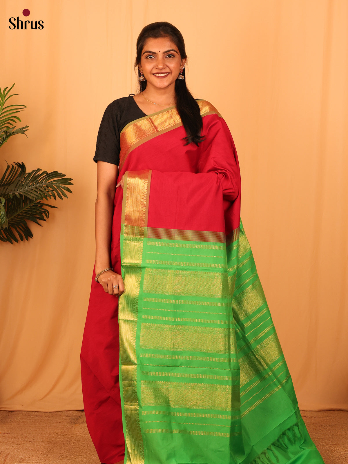 Red & Green - Silkcotton-halfpure Saree - Shop on Shrus.com