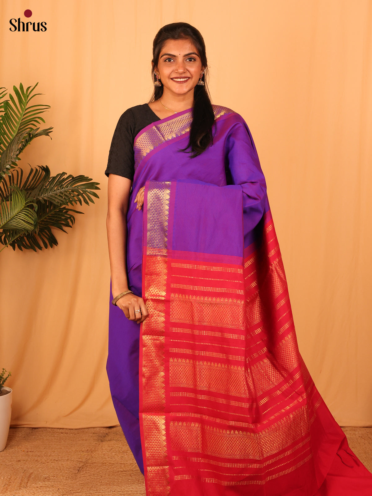 Violet & Red- Silkcotton-halfpure Saree - Shop on Shrus.com
