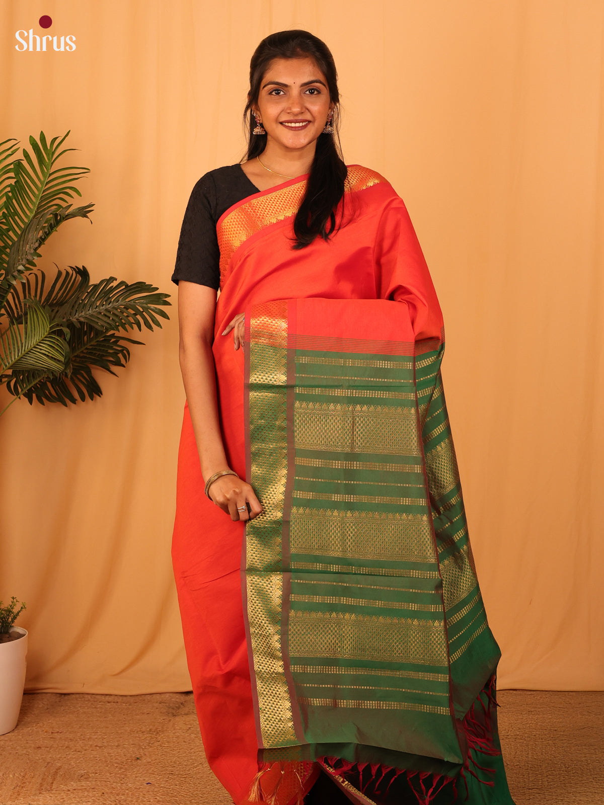 Red & Green- Silkcotton-halfpure Saree - Shop on Shrus.com