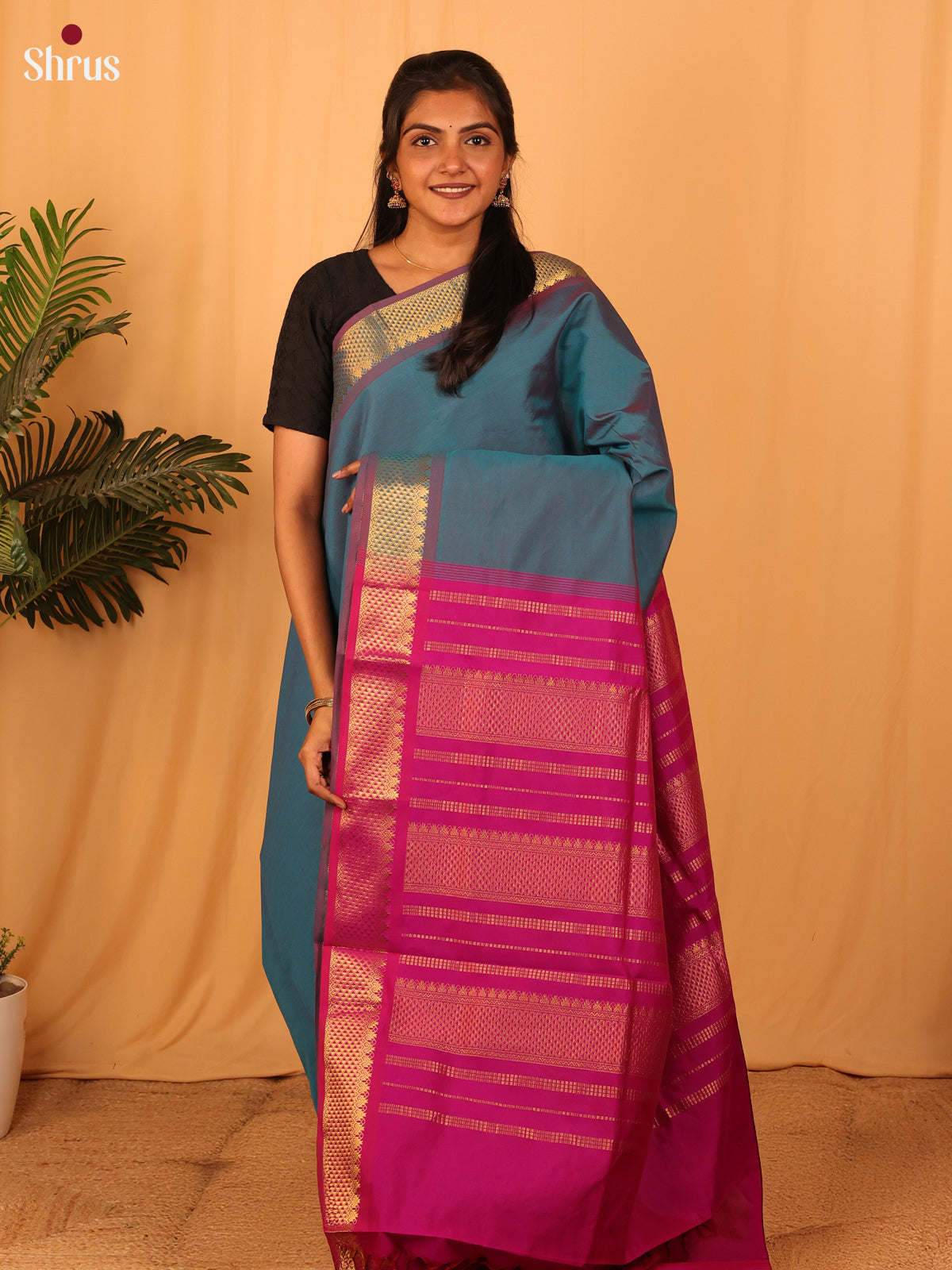 Blue & Pink - Silkcotton-halfpure Saree - Shop on Shrus.com