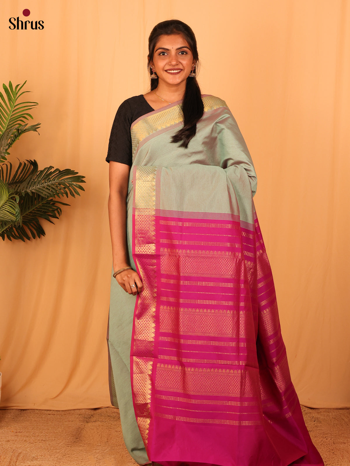 Green & Pink - Silkcotton-halfpure Saree - Shop on Shrus.com