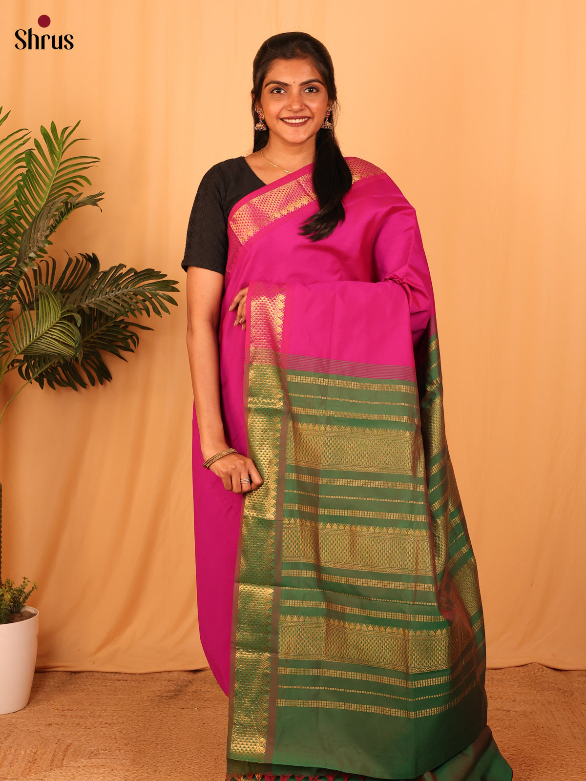 Pink & Green - Silkcotton-halfpure Saree - Shop on Shrus.com