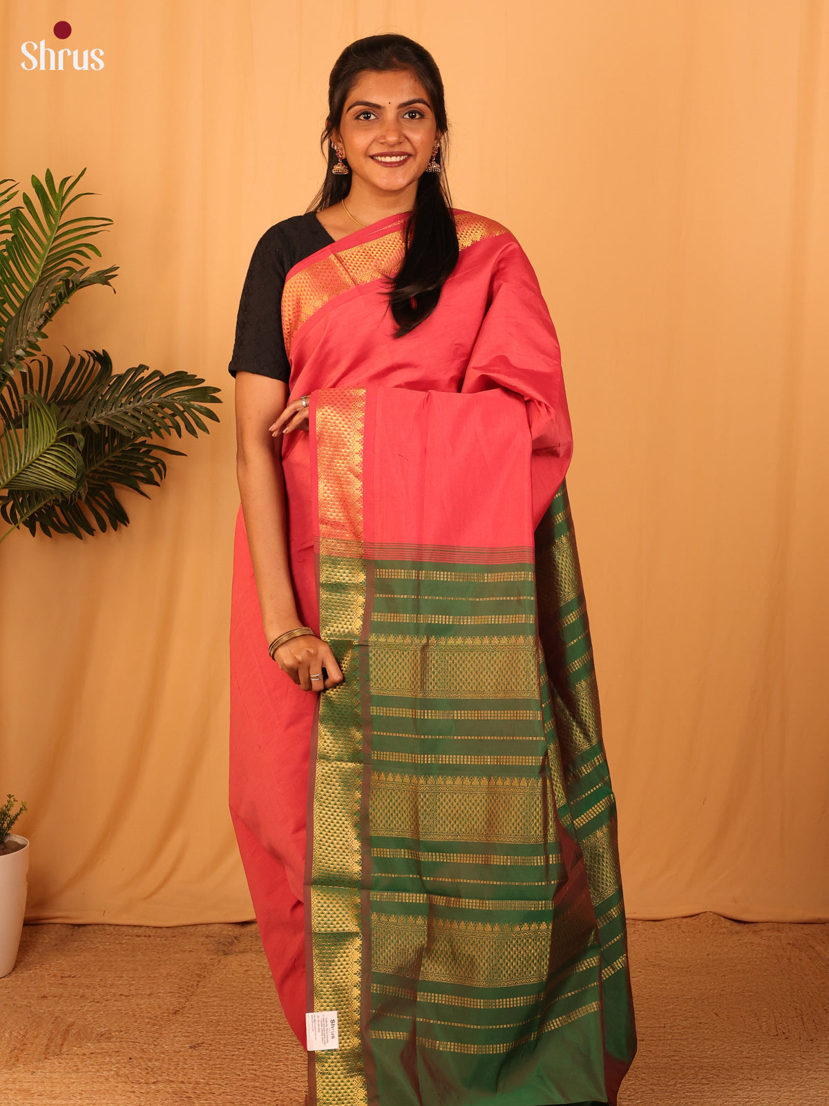 Reddish Pink & Green - Silkcotton-halfpure Saree - Shop on Shrus.com