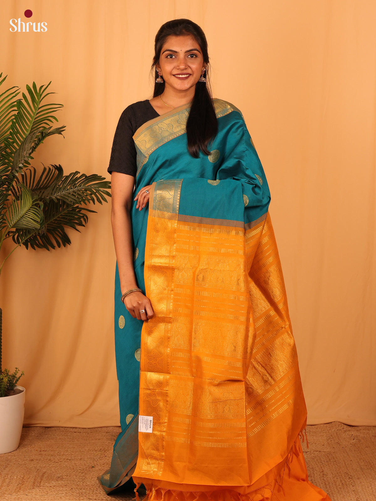 Blue & Orange - Silkcotton-halfpure Saree - Shop on Shrus.com