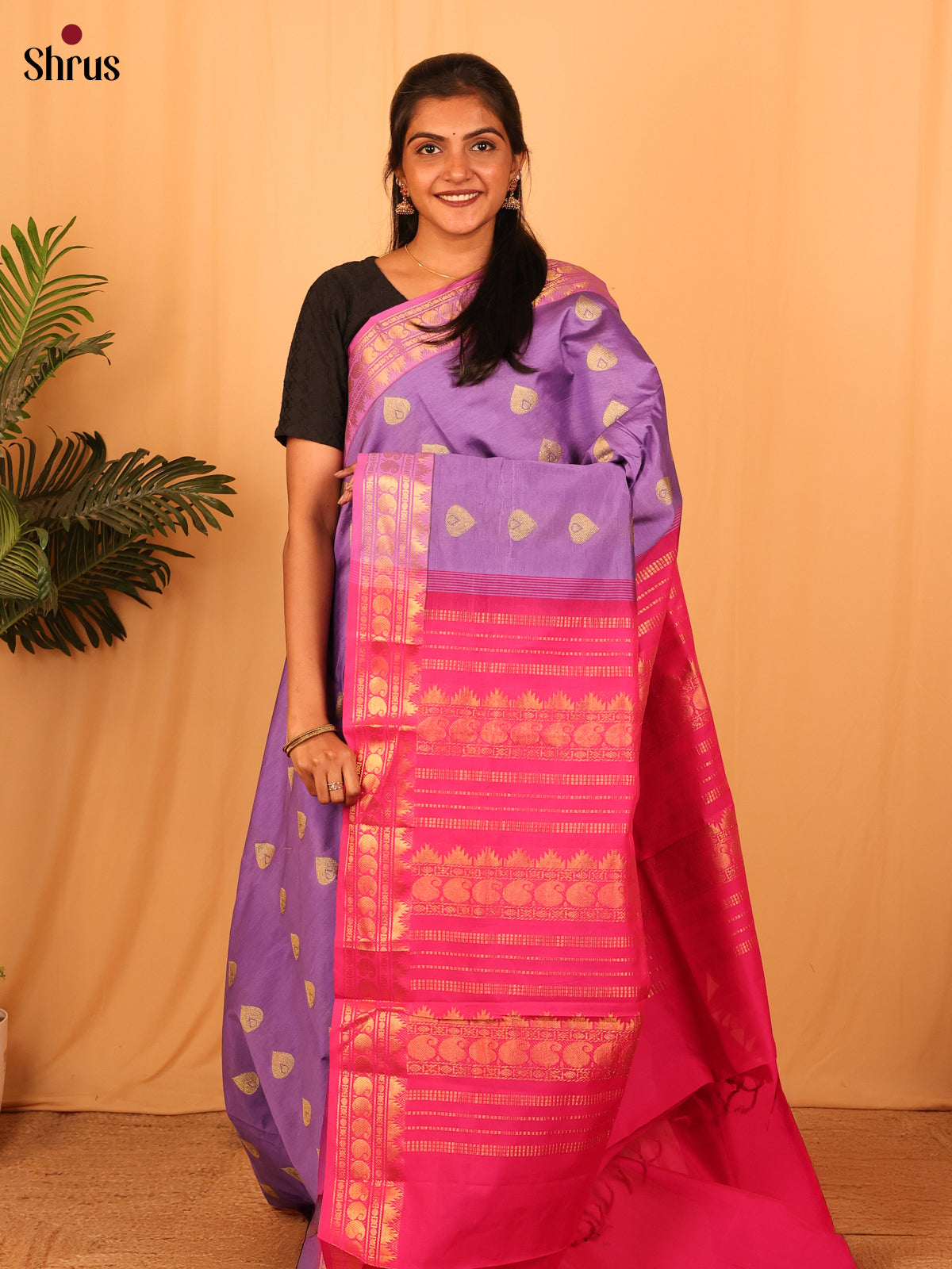 Lavender & Pink - Silkcotton-halfpure Saree - Shop on Shrus.com